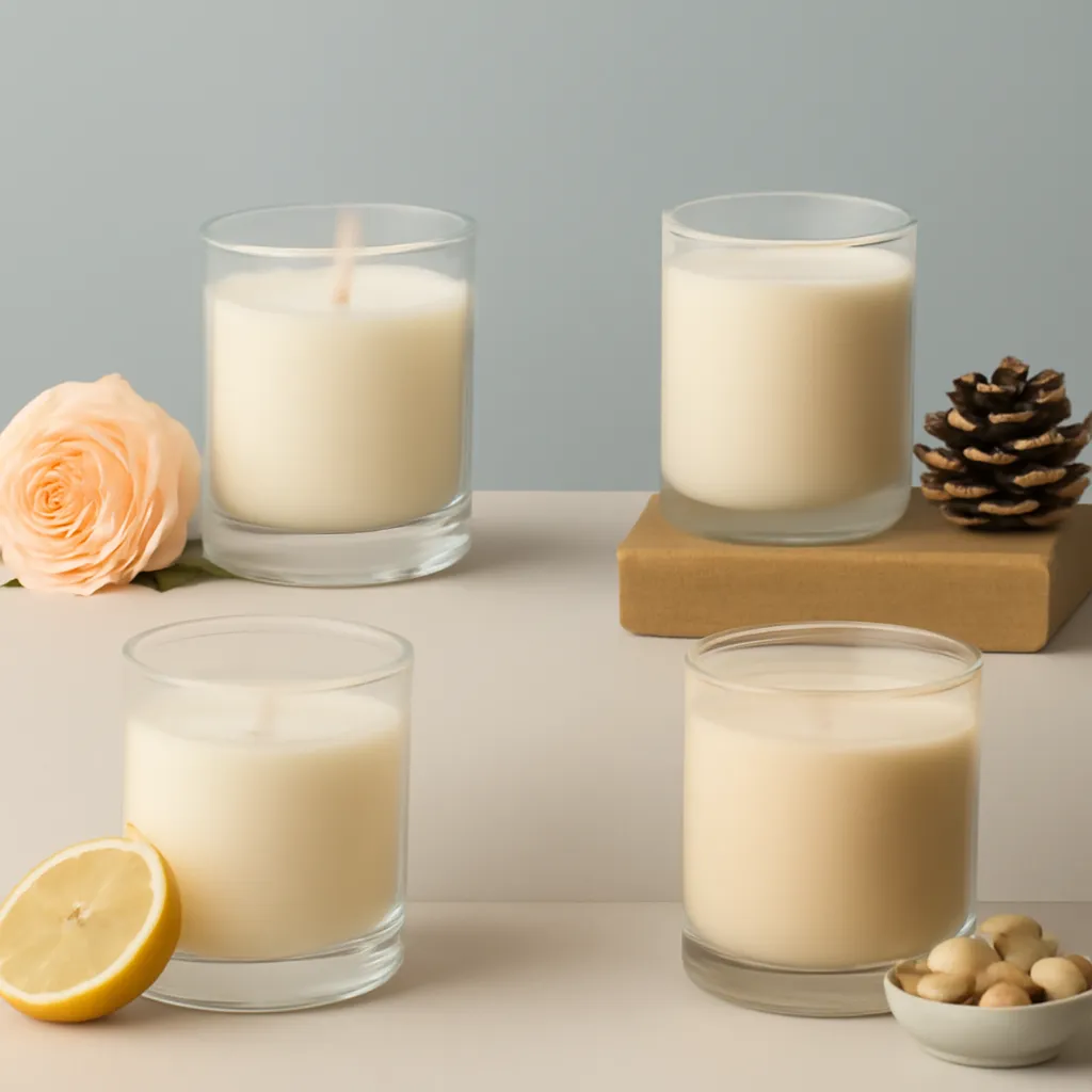 Create a comparison or decision-guide visual around scent strength and placement. Arrange two to four clearly differentiated options in a balanced layout, with enough visual separation that labels can be added later in design software. Do not generate typography. Canvas size 2000 × 1500 px, photorealistic premium commercial photography, soft gray-blue and cream palette. Keep the composition clean and editorial, with one clear focal point and realistic scale. Candle vessels should be physically correct, with smooth glass and believable wax surfaces; any flame must be small and realistic and should appear only when context requires it. Use restrained props that directly support "Candle Scent Families Explained: Floral, Woody, Fresh and Gourmand". Avoid excessive seasonal décor, duplicated ingredient arrangements, surreal fragrance smoke, AI artifacts, noisy textures, distorted hands, unreadable labels, typography, icons, logos and watermarks. Leave a small area of negative space for optional manual annotations. Crisp detail, natural shadows, realistic color balance and subtle depth of field.