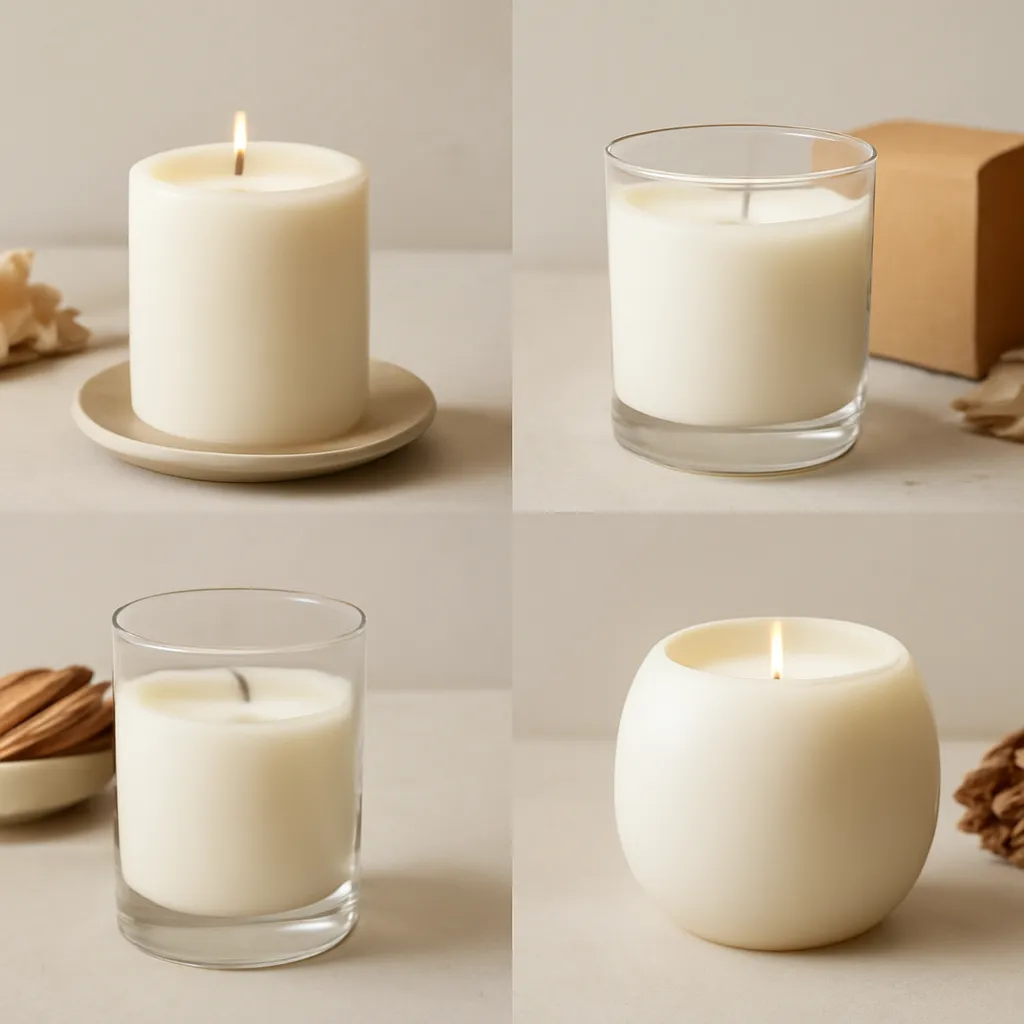 Create a comparison or decision-guide visual around budget, presentation and usefulness. Arrange two to four clearly differentiated options in a balanced layout, with enough visual separation that labels can be added later in design software. Do not generate typography. Canvas size 2000 × 1500 px, photorealistic premium commercial photography, cozy seasonal gift styling with restrained fall accents. Keep the composition clean and editorial, with one clear focal point and realistic scale. Candle vessels should be physically correct, with smooth glass and believable wax surfaces; any flame must be small and realistic and should appear only when context requires it. Use restrained props that directly support "Are Candles a Good Gift? When They Work and How to Choose One". Avoid excessive seasonal décor, duplicated ingredient arrangements, surreal fragrance smoke, AI artifacts, noisy textures, distorted hands, unreadable labels, typography, icons, logos and watermarks. Leave a small area of negative space for optional manual annotations. Crisp detail, natural shadows, realistic color balance and subtle depth of field.