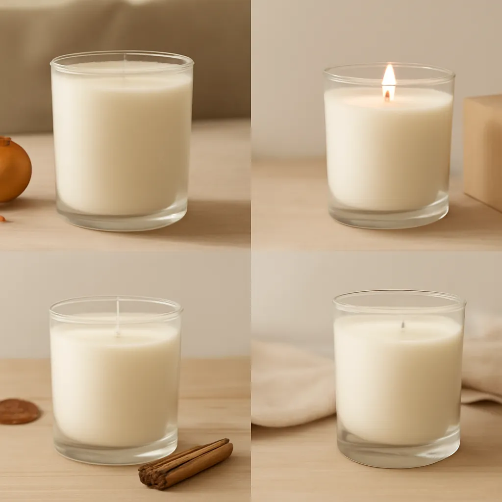 Create a comparison or decision-guide visual around budget, presentation and usefulness. Arrange two to four clearly differentiated options in a balanced layout, with enough visual separation that labels can be added later in design software. Do not generate typography. Canvas size 2000 × 1500 px, photorealistic premium commercial photography, cozy seasonal gift styling with restrained fall accents. Keep the composition clean and editorial, with one clear focal point and realistic scale. Candle vessels should be physically correct, with smooth glass and believable wax surfaces; any flame must be small and realistic and should appear only when context requires it. Use restrained props that directly support "Best Candle Gifts for Women in 2026: Scent & Style Guide". Avoid excessive seasonal décor, duplicated ingredient arrangements, surreal fragrance smoke, AI artifacts, noisy textures, distorted hands, unreadable labels, typography, icons, logos and watermarks. Leave a small area of negative space for optional manual annotations. Crisp detail, natural shadows, realistic color balance and subtle depth of field.