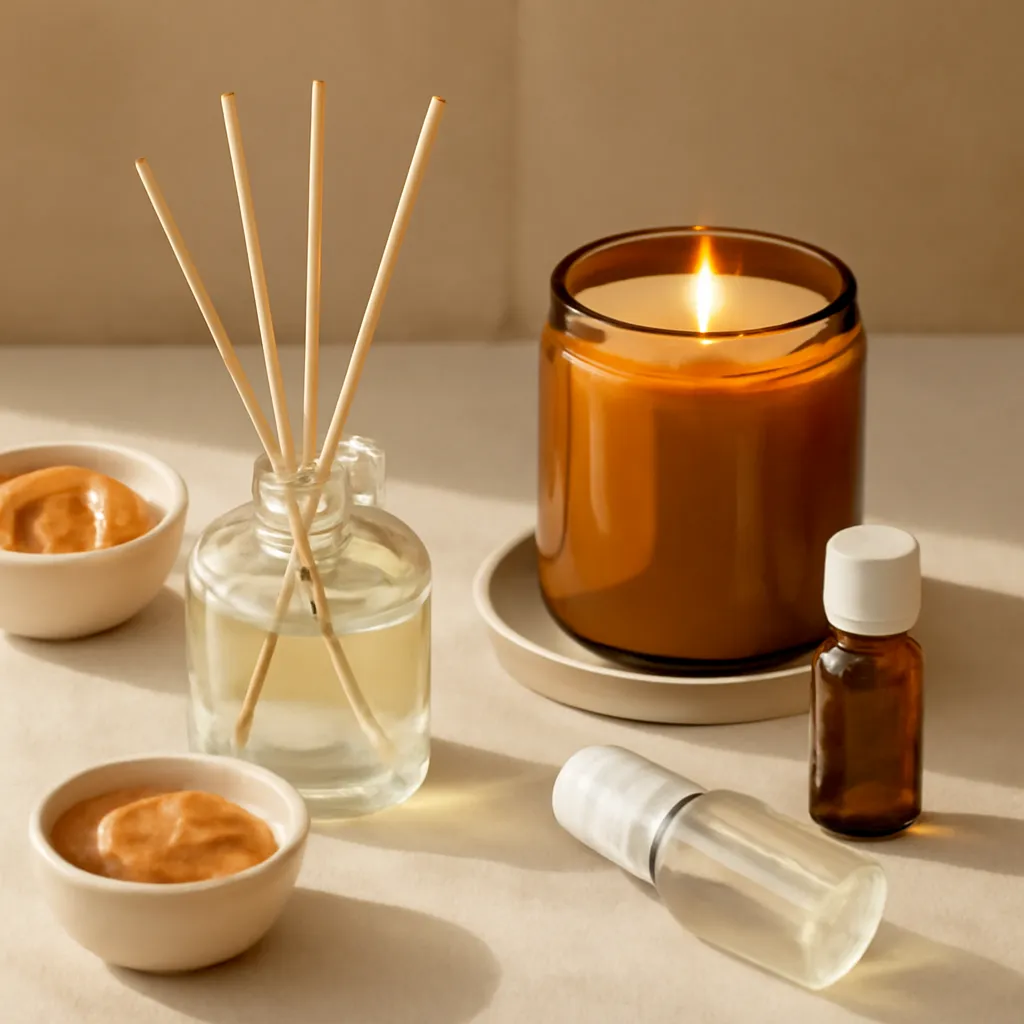 Create a comparison or decision-guide visual around how to avoid fragrance overload. Arrange two to four clearly differentiated options in a balanced layout, with enough visual separation that labels can be added later in design software. Do not generate typography. Canvas size 2000 × 1500 px, photorealistic premium commercial photography, cozy early-fall beige and amber palette. Keep the composition clean and editorial, with one clear focal point and realistic scale. Candle vessels should be physically correct, with smooth glass and believable wax surfaces; any flame must be small and realistic and should appear only when context requires it. Use restrained props that directly support "How to Make Your Living Room Smell Good Without Overdoing It". Avoid excessive seasonal décor, duplicated ingredient arrangements, surreal fragrance smoke, AI artifacts, noisy textures, distorted hands, unreadable labels, typography, icons, logos and watermarks. Leave a small area of negative space for optional manual annotations. Crisp detail, natural shadows, realistic color balance and subtle depth of field.