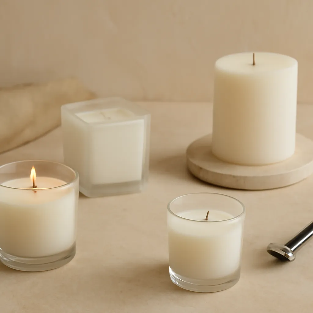 Create a comparison or decision-guide visual around when a wick problem needs a different fix. Arrange two to four clearly differentiated options in a balanced layout, with enough visual separation that labels can be added later in design software. Do not generate typography. Canvas size 2000 × 1500 px, photorealistic premium commercial photography, warm neutral studio with cream stone and soft amber light. Keep the composition clean and editorial, with one clear focal point and realistic scale. Candle vessels should be physically correct, with smooth glass and believable wax surfaces; any flame must be small and realistic and should appear only when context requires it. Use restrained props that directly support "How to Trim a Candle Wick Correctly: 2026 Candle Care Guide". Avoid excessive seasonal décor, duplicated ingredient arrangements, surreal fragrance smoke, AI artifacts, noisy textures, distorted hands, unreadable labels, typography, icons, logos and watermarks. Leave a small area of negative space for optional manual annotations. Crisp detail, natural shadows, realistic color balance and subtle depth of field.