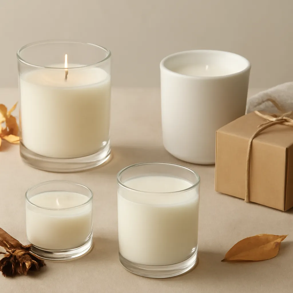 Create a comparison or decision-guide visual around budget, presentation and usefulness. Arrange two to four clearly differentiated options in a balanced layout, with enough visual separation that labels can be added later in design software. Do not generate typography. Canvas size 2000 × 1500 px, photorealistic premium commercial photography, cozy seasonal gift styling with restrained fall accents. Keep the composition clean and editorial, with one clear focal point and realistic scale. Candle vessels should be physically correct, with smooth glass and believable wax surfaces; any flame must be small and realistic and should appear only when context requires it. Use restrained props that directly support "How to Choose a Candle Gift in 2026 Without Knowing Their Favorite Scent". Avoid excessive seasonal décor, duplicated ingredient arrangements, surreal fragrance smoke, AI artifacts, noisy textures, distorted hands, unreadable labels, typography, icons, logos and watermarks. Leave a small area of negative space for optional manual annotations. Crisp detail, natural shadows, realistic color balance and subtle depth of field.