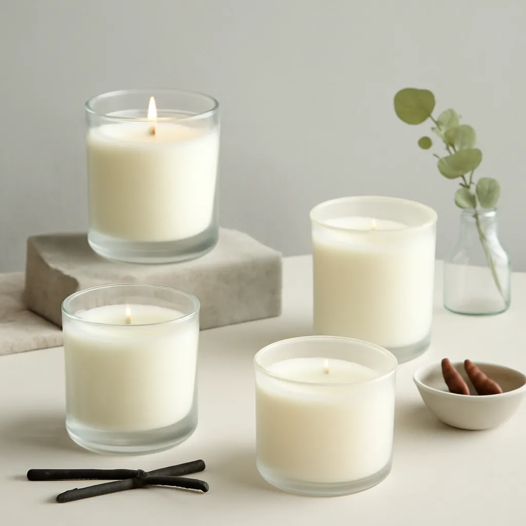 Create a comparison or decision-guide visual around scent strength and placement. Arrange two to four clearly differentiated options in a balanced layout, with enough visual separation that labels can be added later in design software. Do not generate typography. Canvas size 2000 × 1500 px, photorealistic premium commercial photography, soft gray-blue and cream palette. Keep the composition clean and editorial, with one clear focal point and realistic scale. Candle vessels should be physically correct, with smooth glass and believable wax surfaces; any flame must be small and realistic and should appear only when context requires it. Use restrained props that directly support "How to Choose a Candle Scent in 2026 for Any Room or Mood". Avoid excessive seasonal décor, duplicated ingredient arrangements, surreal fragrance smoke, AI artifacts, noisy textures, distorted hands, unreadable labels, typography, icons, logos and watermarks. Leave a small area of negative space for optional manual annotations. Crisp detail, natural shadows, realistic color balance and subtle depth of field.