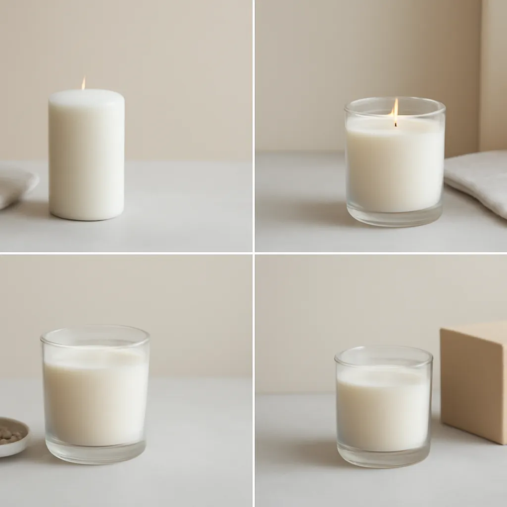 Create a comparison or decision-guide visual around placement away from fabrics and drafts. Arrange two to four clearly differentiated options in a balanced layout, with enough visual separation that labels can be added later in design software. Do not generate typography. Canvas size 2000 × 1500 px, photorealistic premium commercial photography, soft gray-blue and cream palette. Keep the composition clean and editorial, with one clear focal point and realistic scale. Candle vessels should be physically correct, with smooth glass and believable wax surfaces; any flame must be small and realistic and should appear only when context requires it. Use restrained props that directly support "Best Candle Scents for the Bedroom: How to Choose the Right Mood". Avoid excessive seasonal décor, duplicated ingredient arrangements, surreal fragrance smoke, AI artifacts, noisy textures, distorted hands, unreadable labels, typography, icons, logos and watermarks. Leave a small area of negative space for optional manual annotations. Crisp detail, natural shadows, realistic color balance and subtle depth of field.