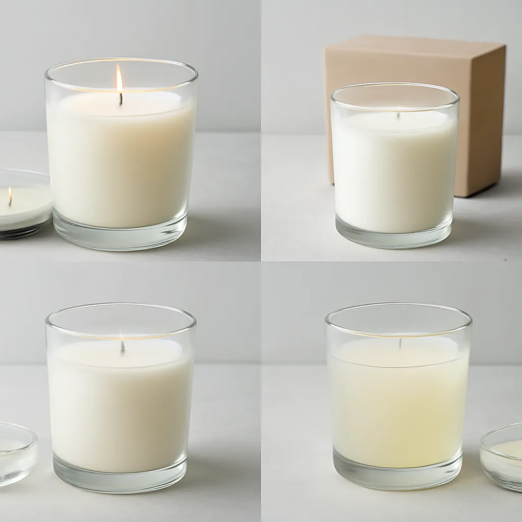 Create a comparison or decision-guide visual around when a wick problem needs a different fix. Arrange two to four clearly differentiated options in a balanced layout, with enough visual separation that labels can be added later in design software. Do not generate typography. Canvas size 2000 × 1500 px, photorealistic premium commercial photography, cool gray macro-photography setup. Keep the composition clean and editorial, with one clear focal point and realistic scale. Candle vessels should be physically correct, with smooth glass and believable wax surfaces; any flame must be small and realistic and should appear only when context requires it. Use restrained props that directly support "What Are Scented Candles Made Of? Wax, Fragrance and Wick Explained". Avoid excessive seasonal décor, duplicated ingredient arrangements, surreal fragrance smoke, AI artifacts, noisy textures, distorted hands, unreadable labels, typography, icons, logos and watermarks. Leave a small area of negative space for optional manual annotations. Crisp detail, natural shadows, realistic color balance and subtle depth of field.