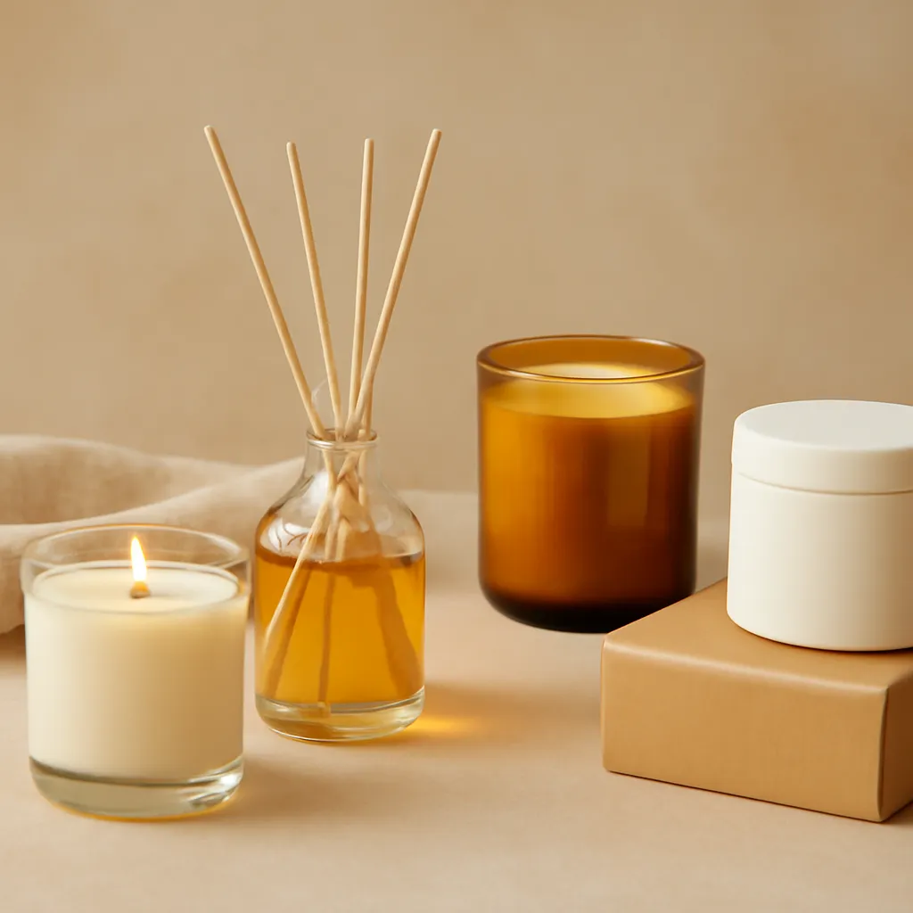 Create a comparison or decision-guide visual around layering candles with other home-fragrance formats. Arrange two to four clearly differentiated options in a balanced layout, with enough visual separation that labels can be added later in design software. Do not generate typography. Canvas size 2000 × 1500 px, photorealistic premium commercial photography, cozy early-fall beige and amber palette. Keep the composition clean and editorial, with one clear focal point and realistic scale. Candle vessels should be physically correct, with smooth glass and believable wax surfaces; any flame must be small and realistic and should appear only when context requires it. Use restrained props that directly support "How to Choose a Home Fragrance for Each Room". Avoid excessive seasonal décor, duplicated ingredient arrangements, surreal fragrance smoke, AI artifacts, noisy textures, distorted hands, unreadable labels, typography, icons, logos and watermarks. Leave a small area of negative space for optional manual annotations. Crisp detail, natural shadows, realistic color balance and subtle depth of field.