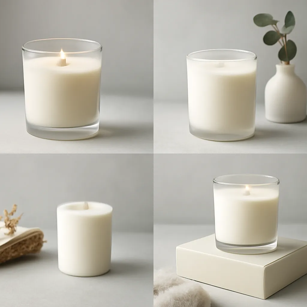 Create a comparison or decision-guide visual around how to avoid fragrance overload. Arrange two to four clearly differentiated options in a balanced layout, with enough visual separation that labels can be added later in design software. Do not generate typography. Canvas size 2000 × 1500 px, photorealistic premium commercial photography, soft gray-blue and cream palette. Keep the composition clean and editorial, with one clear focal point and realistic scale. Candle vessels should be physically correct, with smooth glass and believable wax surfaces; any flame must be small and realistic and should appear only when context requires it. Use restrained props that directly support "Best Candle Scents for the Living Room in 2026". Avoid excessive seasonal décor, duplicated ingredient arrangements, surreal fragrance smoke, AI artifacts, noisy textures, distorted hands, unreadable labels, typography, icons, logos and watermarks. Leave a small area of negative space for optional manual annotations. Crisp detail, natural shadows, realistic color balance and subtle depth of field.