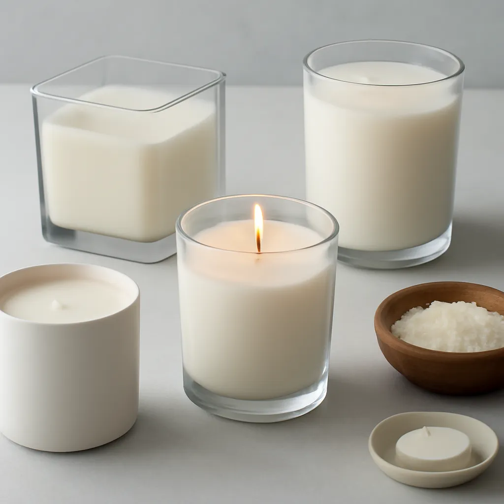 Create a comparison or decision-guide visual around why burn time cannot be judged from wax type alone. Arrange two to four clearly differentiated options in a balanced layout, with enough visual separation that labels can be added later in design software. Do not generate typography. Canvas size 2000 × 1500 px, photorealistic premium commercial photography, cool gray macro-photography setup. Keep the composition clean and editorial, with one clear focal point and realistic scale. Candle vessels should be physically correct, with smooth glass and believable wax surfaces; any flame must be small and realistic and should appear only when context requires it. Use restrained props that directly support "Which Candle Wax Burns the Longest? 2026 Comparison". Avoid excessive seasonal décor, duplicated ingredient arrangements, surreal fragrance smoke, AI artifacts, noisy textures, distorted hands, unreadable labels, typography, icons, logos and watermarks. Leave a small area of negative space for optional manual annotations. Crisp detail, natural shadows, realistic color balance and subtle depth of field.