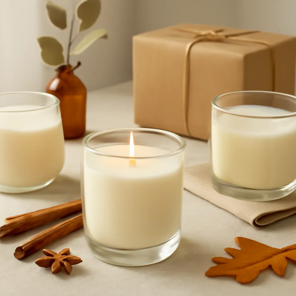 Create a comparison or decision-guide visual around budget, presentation and usefulness. Arrange two to four clearly differentiated options in a balanced layout, with enough visual separation that labels can be added later in design software. Do not generate typography. Canvas size 2000 × 1500 px, photorealistic premium commercial photography, cozy seasonal gift styling with restrained fall accents. Keep the composition clean and editorial, with one clear focal point and realistic scale. Candle vessels should be physically correct, with smooth glass and believable wax surfaces; any flame must be small and realistic and should appear only when context requires it. Use restrained props that directly support "Best Scented Candle Gifts for Birthdays in 2026". Avoid excessive seasonal décor, duplicated ingredient arrangements, surreal fragrance smoke, AI artifacts, noisy textures, distorted hands, unreadable labels, typography, icons, logos and watermarks. Leave a small area of negative space for optional manual annotations. Crisp detail, natural shadows, realistic color balance and subtle depth of field.
