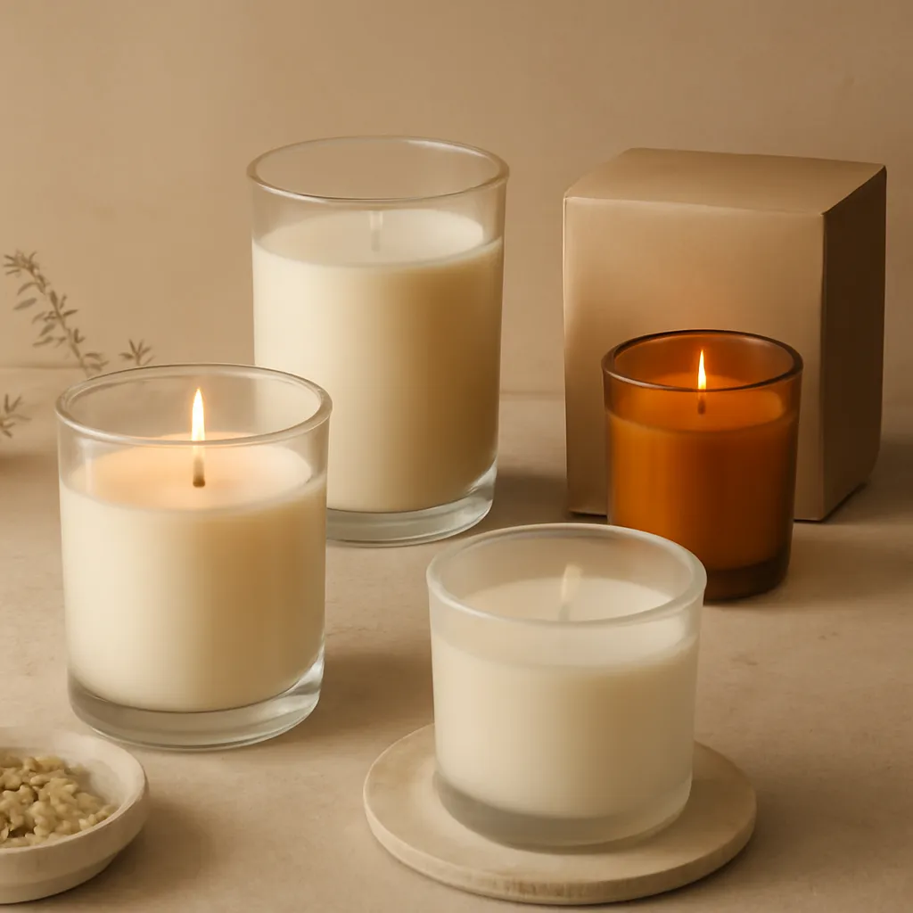 Create a comparison or decision-guide visual around when a wick problem needs a different fix. Arrange two to four clearly differentiated options in a balanced layout, with enough visual separation that labels can be added later in design software. Do not generate typography. Canvas size 2000 × 1500 px, photorealistic premium commercial photography, warm neutral studio with cream stone and soft amber light. Keep the composition clean and editorial, with one clear focal point and realistic scale. Candle vessels should be physically correct, with smooth glass and believable wax surfaces; any flame must be small and realistic and should appear only when context requires it. Use restrained props that directly support "Why Does My Candle Wick Mushroom? How to Fix It Safely". Avoid excessive seasonal décor, duplicated ingredient arrangements, surreal fragrance smoke, AI artifacts, noisy textures, distorted hands, unreadable labels, typography, icons, logos and watermarks. Leave a small area of negative space for optional manual annotations. Crisp detail, natural shadows, realistic color balance and subtle depth of field.