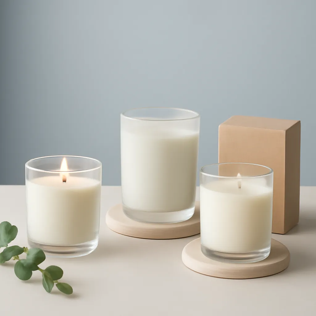 Create a comparison or decision-guide visual around scent strength and placement. Arrange two to four clearly differentiated options in a balanced layout, with enough visual separation that labels can be added later in design software. Do not generate typography. Canvas size 2000 × 1500 px, photorealistic premium commercial photography, soft gray-blue and cream palette. Keep the composition clean and editorial, with one clear focal point and realistic scale. Candle vessels should be physically correct, with smooth glass and believable wax surfaces; any flame must be small and realistic and should appear only when context requires it. Use restrained props that directly support "How Many Scented Candles Do You Need for a Room in 2026?". Avoid excessive seasonal décor, duplicated ingredient arrangements, surreal fragrance smoke, AI artifacts, noisy textures, distorted hands, unreadable labels, typography, icons, logos and watermarks. Leave a small area of negative space for optional manual annotations. Crisp detail, natural shadows, realistic color balance and subtle depth of field.