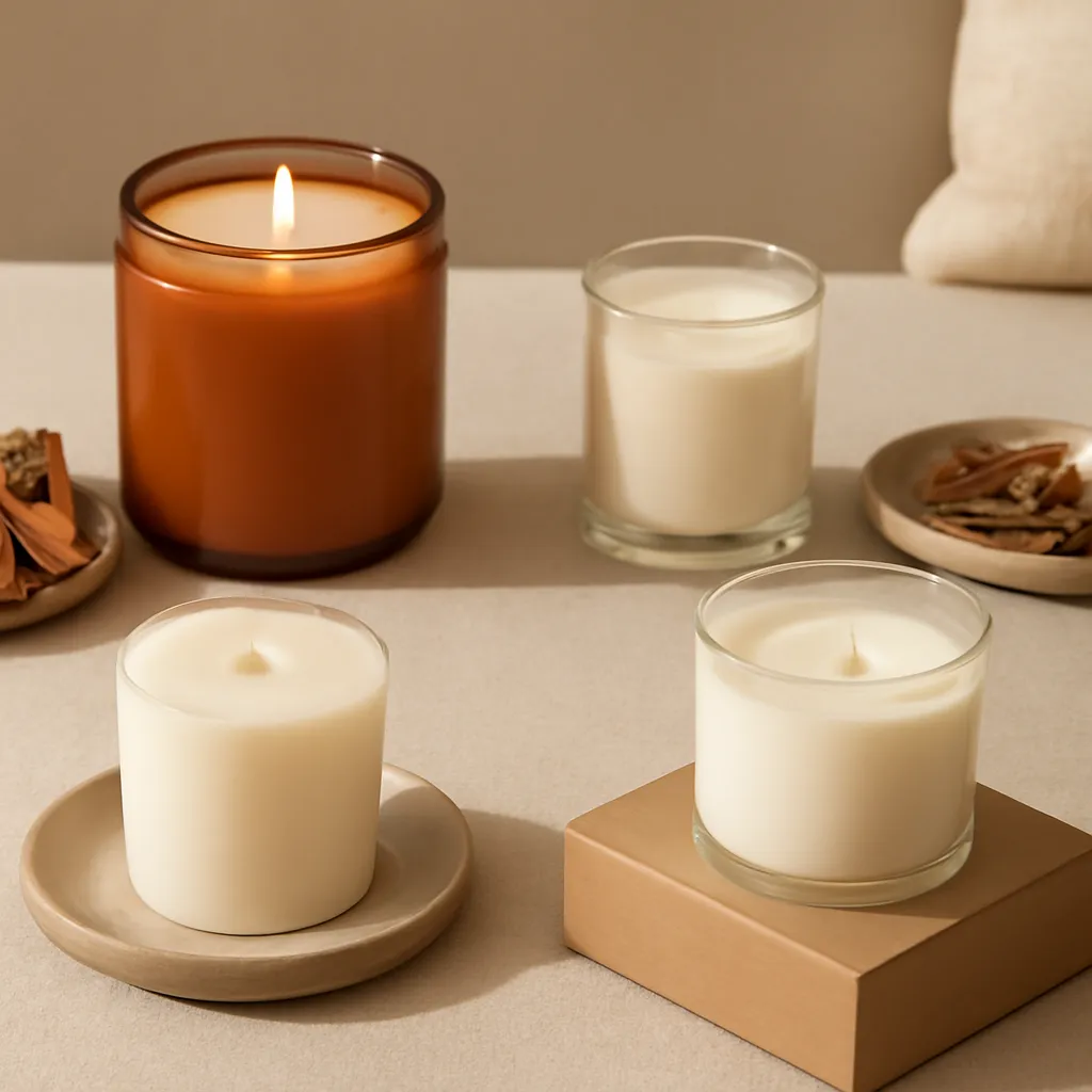Create a comparison or decision-guide visual around candle placement. Arrange two to four clearly differentiated options in a balanced layout, with enough visual separation that labels can be added later in design software. Do not generate typography. Canvas size 2000 × 1500 px, photorealistic premium commercial photography, cozy early-fall beige and amber palette. Keep the composition clean and editorial, with one clear focal point and realistic scale. Candle vessels should be physically correct, with smooth glass and believable wax surfaces; any flame must be small and realistic and should appear only when context requires it. Use restrained props that directly support "Home Fragrance Trends 2026: What Makes a Home Smell Cozy?". Avoid excessive seasonal décor, duplicated ingredient arrangements, surreal fragrance smoke, AI artifacts, noisy textures, distorted hands, unreadable labels, typography, icons, logos and watermarks. Leave a small area of negative space for optional manual annotations. Crisp detail, natural shadows, realistic color balance and subtle depth of field.