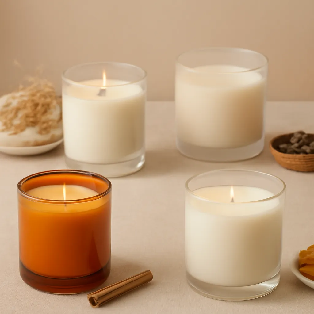 Create a comparison or decision-guide visual around candle placement. Arrange two to four clearly differentiated options in a balanced layout, with enough visual separation that labels can be added later in design software. Do not generate typography. Canvas size 2000 × 1500 px, photorealistic premium commercial photography, cozy early-fall beige and amber palette. Keep the composition clean and editorial, with one clear focal point and realistic scale. Candle vessels should be physically correct, with smooth glass and believable wax surfaces; any flame must be small and realistic and should appear only when context requires it. Use restrained props that directly support "Home Fragrance 2026: How to Make Your House Smell Good". Avoid excessive seasonal décor, duplicated ingredient arrangements, surreal fragrance smoke, AI artifacts, noisy textures, distorted hands, unreadable labels, typography, icons, logos and watermarks. Leave a small area of negative space for optional manual annotations. Crisp detail, natural shadows, realistic color balance and subtle depth of field.