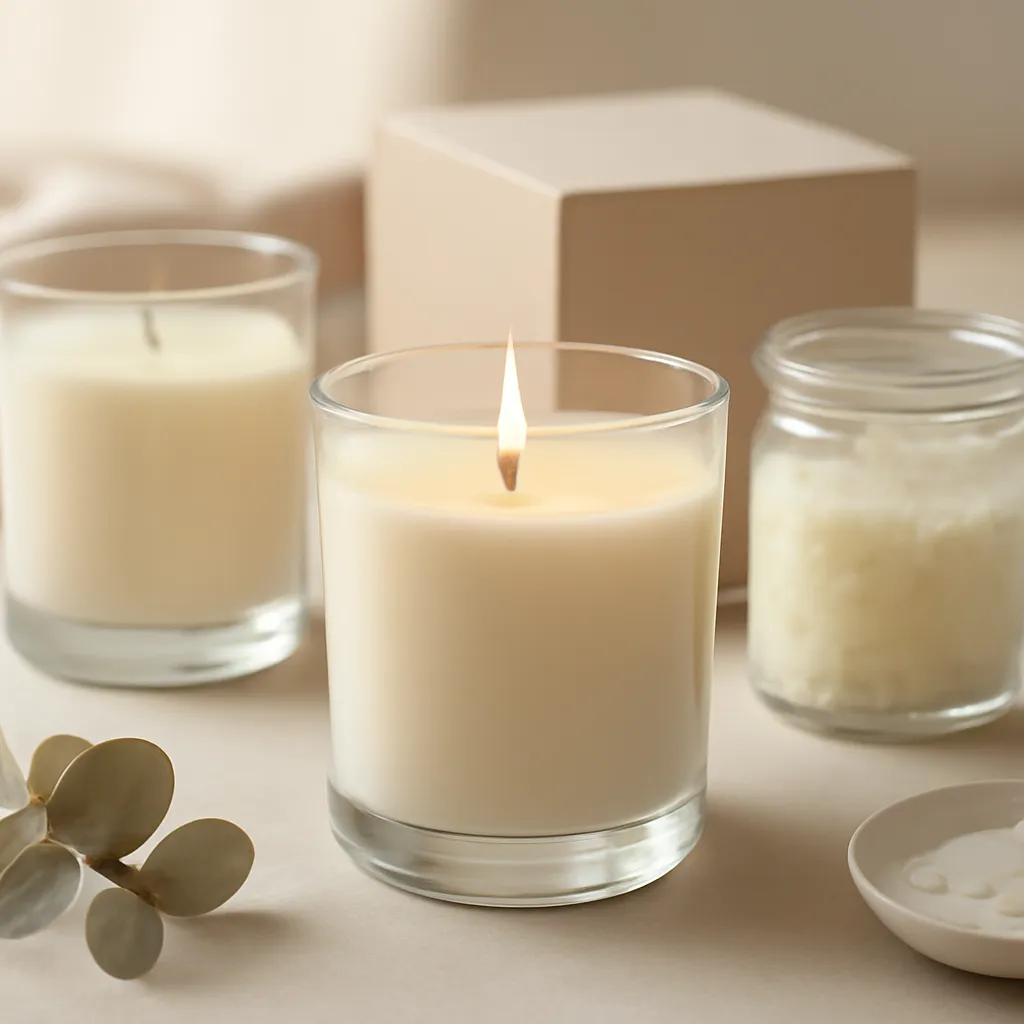 Create a finished lifestyle application scene showing the desirable end result of jar and flame warning signs: a well-performing candle, balanced fragrance, well-chosen wax, inviting home atmosphere or thoughtful gift presentation, depending on the article. Canvas size 2000 × 1500 px, photorealistic premium commercial photography, cool gray-beige tabletop with crisp daylight. Keep the composition clean and editorial, with one clear focal point and realistic scale. Candle vessels should be physically correct, with smooth glass and believable wax surfaces; any flame must be small and realistic and should appear only when context requires it. Use restrained props that directly support "Candle Care 2026: How to Burn Scented Candles the Right Way". Avoid excessive seasonal décor, duplicated ingredient arrangements, surreal fragrance smoke, AI artifacts, noisy textures, distorted hands, unreadable labels, typography, icons, logos and watermarks. Leave a small area of negative space for optional manual annotations. Crisp detail, natural shadows, realistic color balance and subtle depth of field.