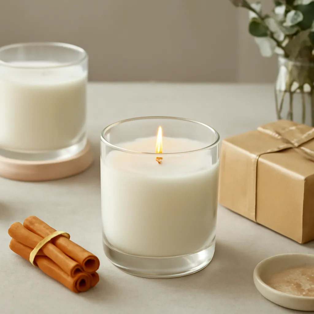 Create a finished lifestyle application scene showing the desirable end result of correct burn habits: a well-performing candle, balanced fragrance, well-chosen wax, inviting home atmosphere or thoughtful gift presentation, depending on the article. Canvas size 2000 × 1500 px, photorealistic premium commercial photography, cool gray-beige tabletop with crisp daylight. Keep the composition clean and editorial, with one clear focal point and realistic scale. Candle vessels should be physically correct, with smooth glass and believable wax surfaces; any flame must be small and realistic and should appear only when context requires it. Use restrained props that directly support "First Burn Candle Care: How Long Should You Burn a New Candle?". Avoid excessive seasonal décor, duplicated ingredient arrangements, surreal fragrance smoke, AI artifacts, noisy textures, distorted hands, unreadable labels, typography, icons, logos and watermarks. Leave a small area of negative space for optional manual annotations. Crisp detail, natural shadows, realistic color balance and subtle depth of field.