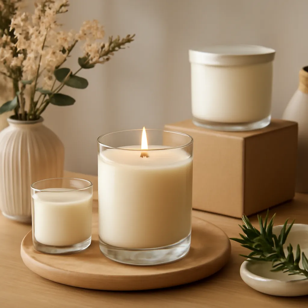 Create a finished lifestyle application scene showing the desirable end result of nose fatigue and scent perception: a well-performing candle, balanced fragrance, well-chosen wax, inviting home atmosphere or thoughtful gift presentation, depending on the article. Canvas size 2000 × 1500 px, photorealistic premium commercial photography, natural wood, ivory and muted botanical tones. Keep the composition clean and editorial, with one clear focal point and realistic scale. Candle vessels should be physically correct, with smooth glass and believable wax surfaces; any flame must be small and realistic and should appear only when context requires it. Use restrained props that directly support "Candle Scent Families Explained: Floral, Woody, Fresh and Gourmand". Avoid excessive seasonal décor, duplicated ingredient arrangements, surreal fragrance smoke, AI artifacts, noisy textures, distorted hands, unreadable labels, typography, icons, logos and watermarks. Leave a small area of negative space for optional manual annotations. Crisp detail, natural shadows, realistic color balance and subtle depth of field.