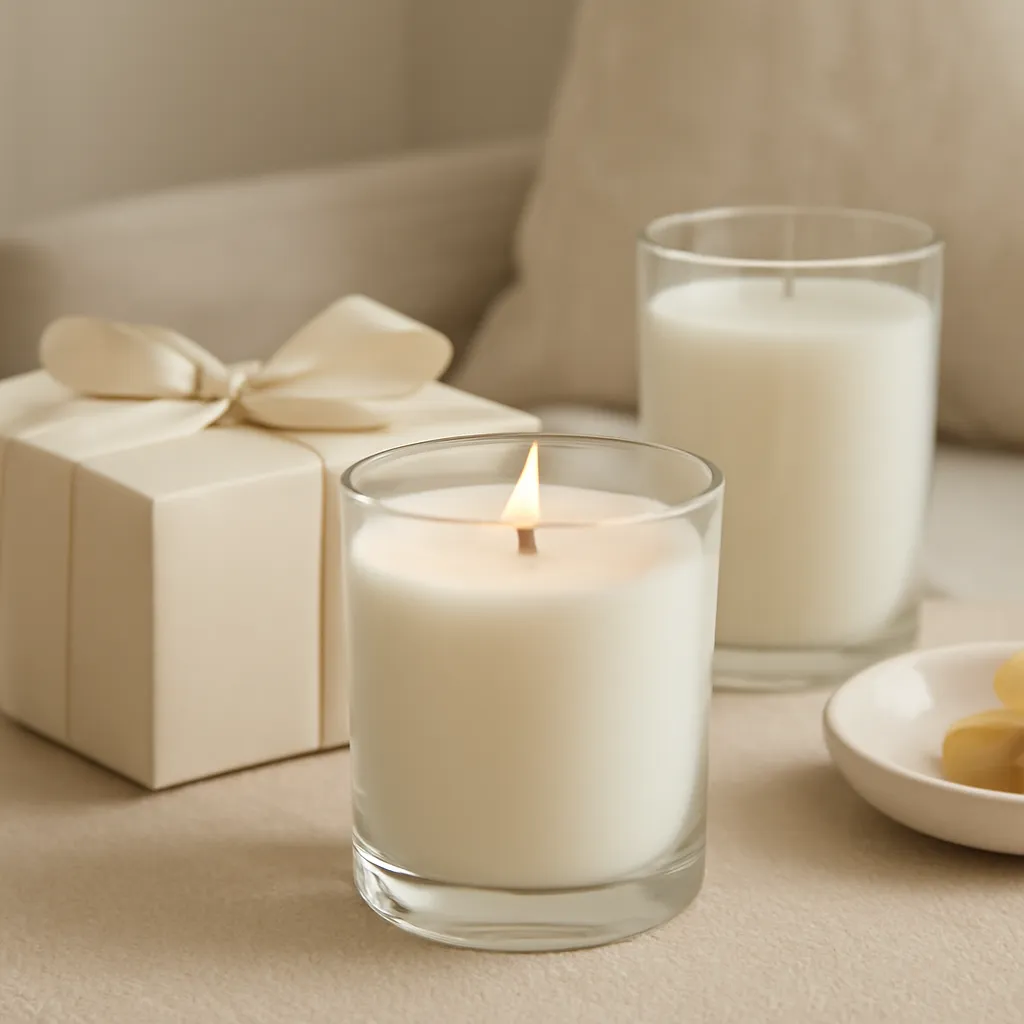 Create a finished lifestyle application scene showing the desirable end result of scent preference risk: a well-performing candle, balanced fragrance, well-chosen wax, inviting home atmosphere or thoughtful gift presentation, depending on the article. Canvas size 2000 × 1500 px, photorealistic premium commercial photography, premium cream and warm beige gift styling. Keep the composition clean and editorial, with one clear focal point and realistic scale. Candle vessels should be physically correct, with smooth glass and believable wax surfaces; any flame must be small and realistic and should appear only when context requires it. Use restrained props that directly support "Are Candles a Good Gift? When They Work and How to Choose One". Avoid excessive seasonal décor, duplicated ingredient arrangements, surreal fragrance smoke, AI artifacts, noisy textures, distorted hands, unreadable labels, typography, icons, logos and watermarks. Leave a small area of negative space for optional manual annotations. Crisp detail, natural shadows, realistic color balance and subtle depth of field.