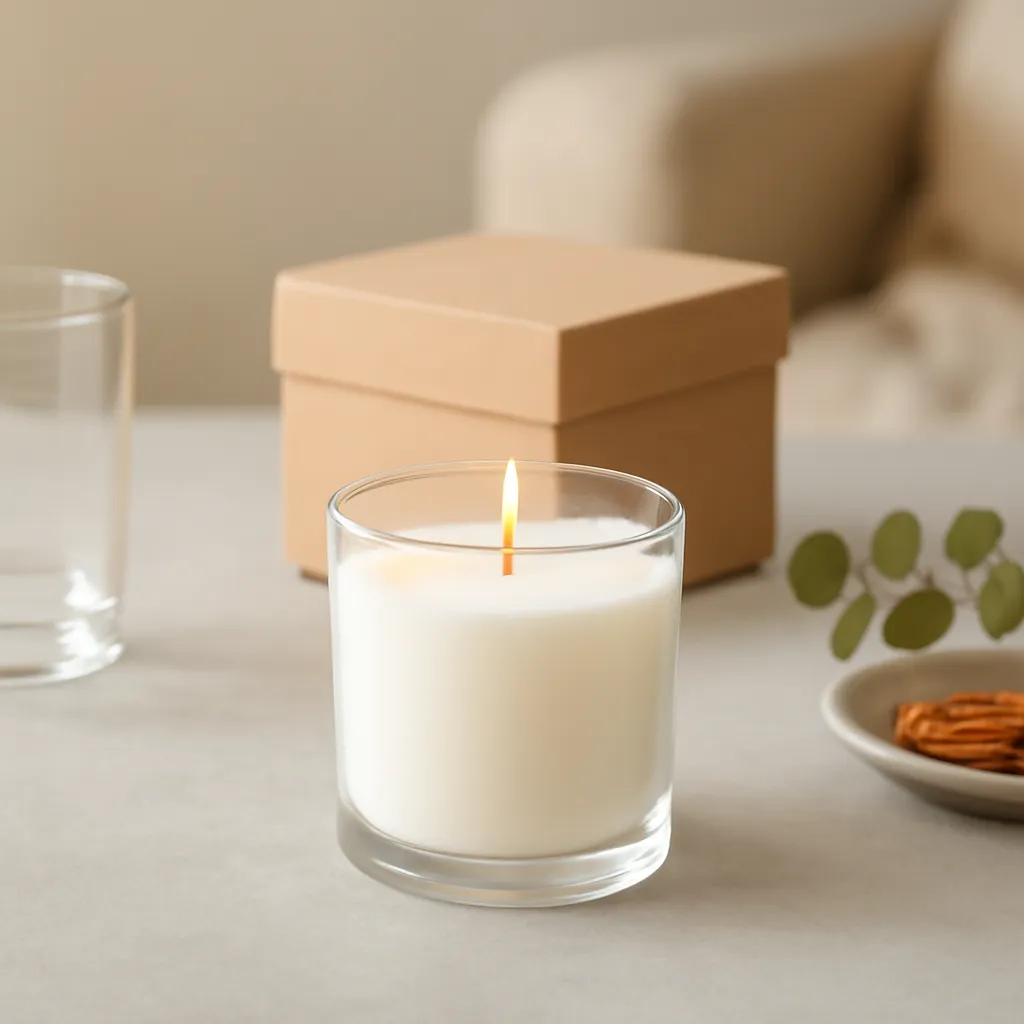 Create a finished lifestyle application scene showing the desirable end result of correct burn habits: a well-performing candle, balanced fragrance, well-chosen wax, inviting home atmosphere or thoughtful gift presentation, depending on the article. Canvas size 2000 × 1500 px, photorealistic premium commercial photography, cool gray-beige tabletop with crisp daylight. Keep the composition clean and editorial, with one clear focal point and realistic scale. Candle vessels should be physically correct, with smooth glass and believable wax surfaces; any flame must be small and realistic and should appear only when context requires it. Use restrained props that directly support "Candle Tunneling Prevention: Essential Candle Care Tips for 2026". Avoid excessive seasonal décor, duplicated ingredient arrangements, surreal fragrance smoke, AI artifacts, noisy textures, distorted hands, unreadable labels, typography, icons, logos and watermarks. Leave a small area of negative space for optional manual annotations. Crisp detail, natural shadows, realistic color balance and subtle depth of field.