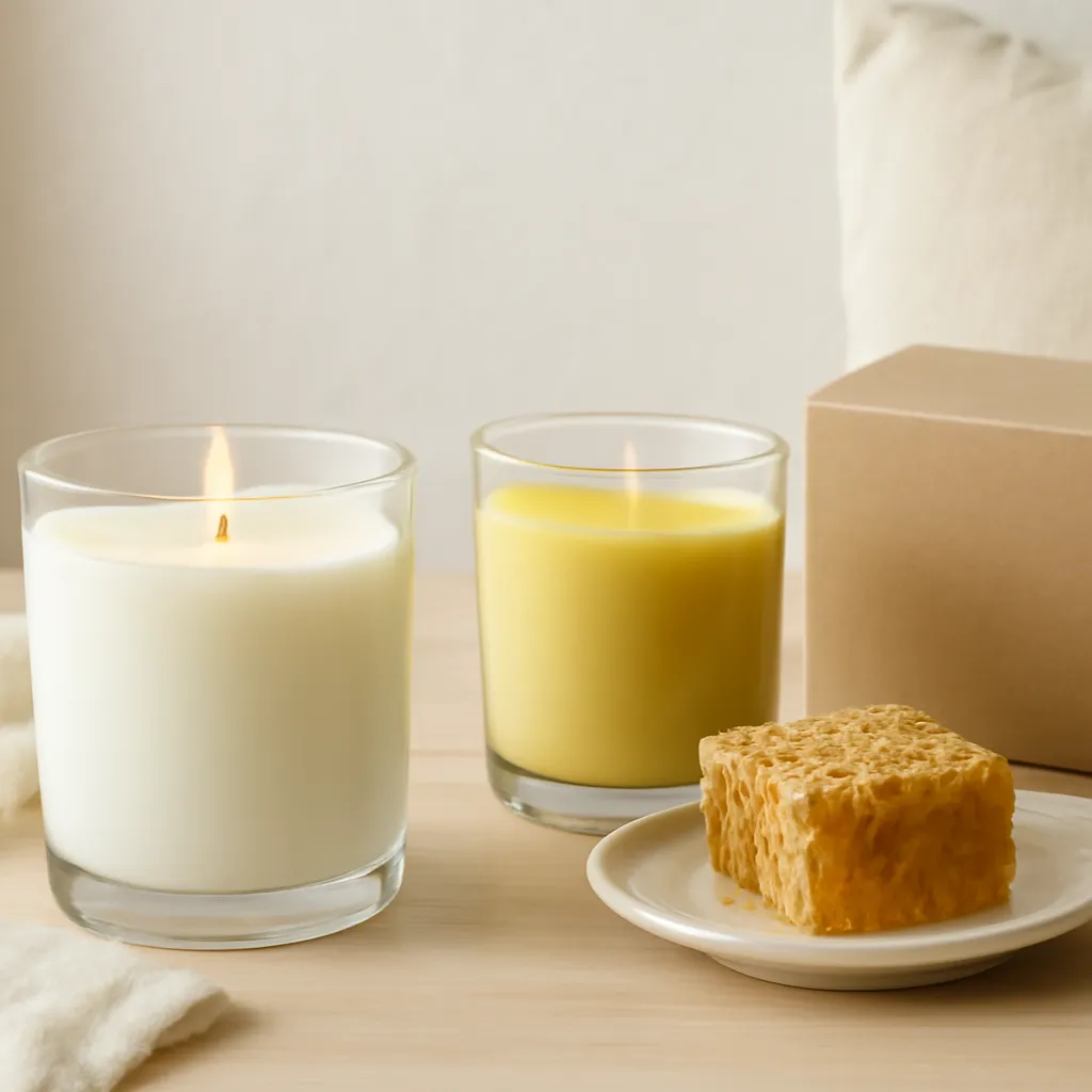 Create a finished lifestyle application scene showing the desirable end result of placement strategies that improve perceived fragrance: a well-performing candle, balanced fragrance, well-chosen wax, inviting home atmosphere or thoughtful gift presentation, depending on the article. Canvas size 2000 × 1500 px, photorealistic premium commercial photography, light wood and cream educational still life. Keep the composition clean and editorial, with one clear focal point and realistic scale. Candle vessels should be physically correct, with smooth glass and believable wax surfaces; any flame must be small and realistic and should appear only when context requires it. Use restrained props that directly support "Soy Wax vs Beeswax 2026: Burn Time, Scent Throw and Cost". Avoid excessive seasonal décor, duplicated ingredient arrangements, surreal fragrance smoke, AI artifacts, noisy textures, distorted hands, unreadable labels, typography, icons, logos and watermarks. Leave a small area of negative space for optional manual annotations. Crisp detail, natural shadows, realistic color balance and subtle depth of field.