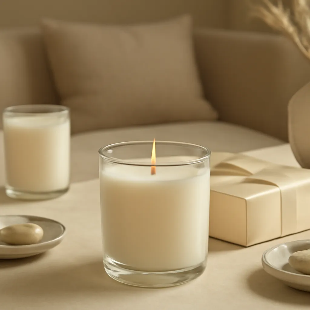 Create a finished lifestyle application scene showing the desirable end result of recipient lifestyle rather than stereotypes: a well-performing candle, balanced fragrance, well-chosen wax, inviting home atmosphere or thoughtful gift presentation, depending on the article. Canvas size 2000 × 1500 px, photorealistic premium commercial photography, premium cream and warm beige gift styling. Keep the composition clean and editorial, with one clear focal point and realistic scale. Candle vessels should be physically correct, with smooth glass and believable wax surfaces; any flame must be small and realistic and should appear only when context requires it. Use restrained props that directly support "Best Candle Gifts for Women in 2026: Scent & Style Guide". Avoid excessive seasonal décor, duplicated ingredient arrangements, surreal fragrance smoke, AI artifacts, noisy textures, distorted hands, unreadable labels, typography, icons, logos and watermarks. Leave a small area of negative space for optional manual annotations. Crisp detail, natural shadows, realistic color balance and subtle depth of field.
