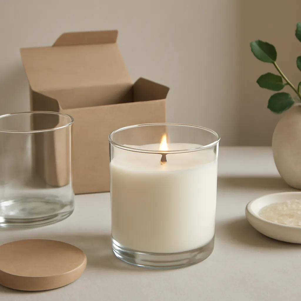 Create a finished lifestyle application scene showing the desirable end result of temperature, sunlight and humidity: a well-performing candle, balanced fragrance, well-chosen wax, inviting home atmosphere or thoughtful gift presentation, depending on the article. Canvas size 2000 × 1500 px, photorealistic premium commercial photography, cool gray-beige tabletop with crisp daylight. Keep the composition clean and editorial, with one clear focal point and realistic scale. Candle vessels should be physically correct, with smooth glass and believable wax surfaces; any flame must be small and realistic and should appear only when context requires it. Use restrained props that directly support "How to Fix Candle Tunneling and Restore an Even Wax Pool". Avoid excessive seasonal décor, duplicated ingredient arrangements, surreal fragrance smoke, AI artifacts, noisy textures, distorted hands, unreadable labels, typography, icons, logos and watermarks. Leave a small area of negative space for optional manual annotations. Crisp detail, natural shadows, realistic color balance and subtle depth of field.