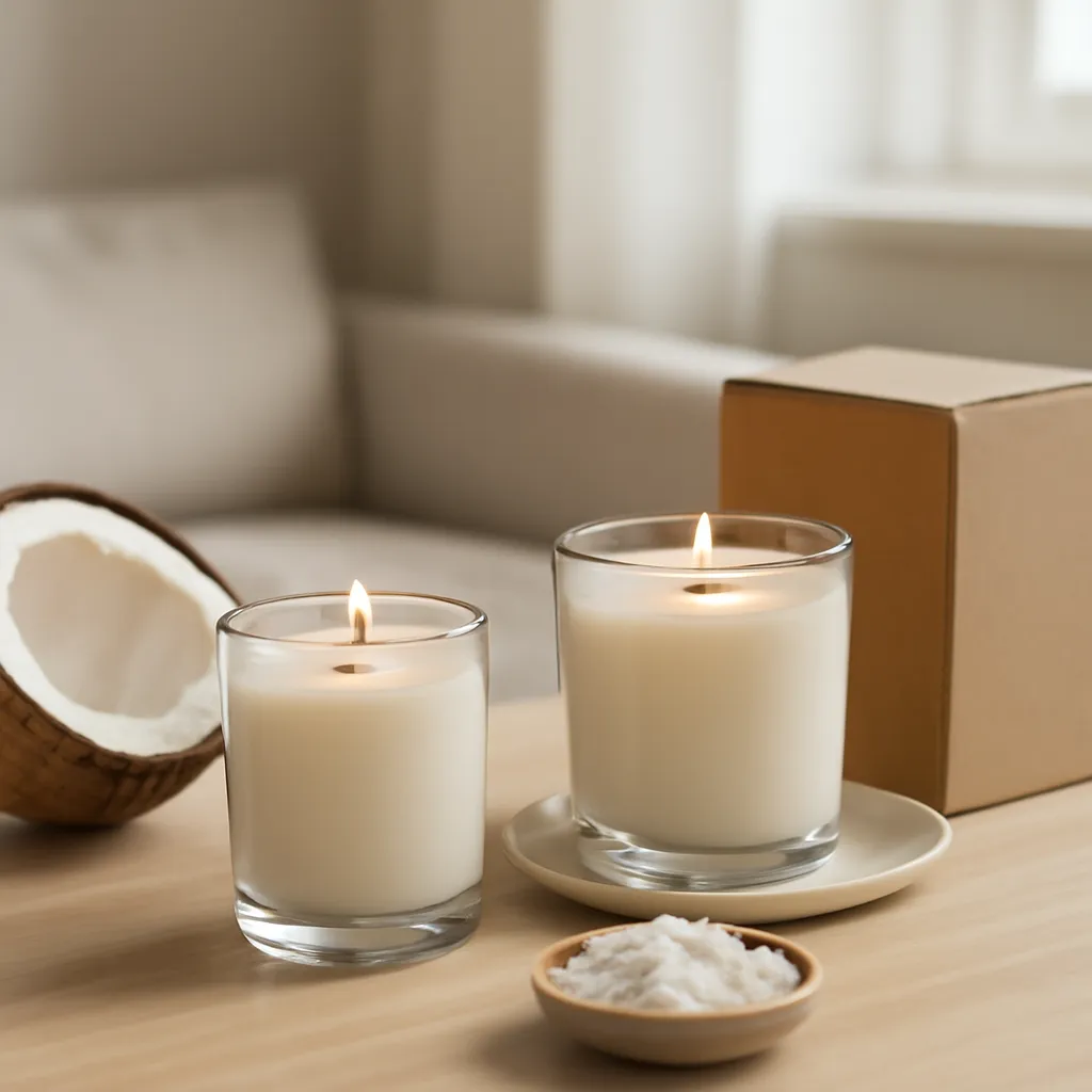 Create a finished lifestyle application scene showing the desirable end result of wax type and physical properties: a well-performing candle, balanced fragrance, well-chosen wax, inviting home atmosphere or thoughtful gift presentation, depending on the article. Canvas size 2000 × 1500 px, photorealistic premium commercial photography, light wood and cream educational still life. Keep the composition clean and editorial, with one clear focal point and realistic scale. Candle vessels should be physically correct, with smooth glass and believable wax surfaces; any flame must be small and realistic and should appear only when context requires it. Use restrained props that directly support "Coconut Wax vs Soy Wax: Which Candle Wax Performs Better?". Avoid excessive seasonal décor, duplicated ingredient arrangements, surreal fragrance smoke, AI artifacts, noisy textures, distorted hands, unreadable labels, typography, icons, logos and watermarks. Leave a small area of negative space for optional manual annotations. Crisp detail, natural shadows, realistic color balance and subtle depth of field.
