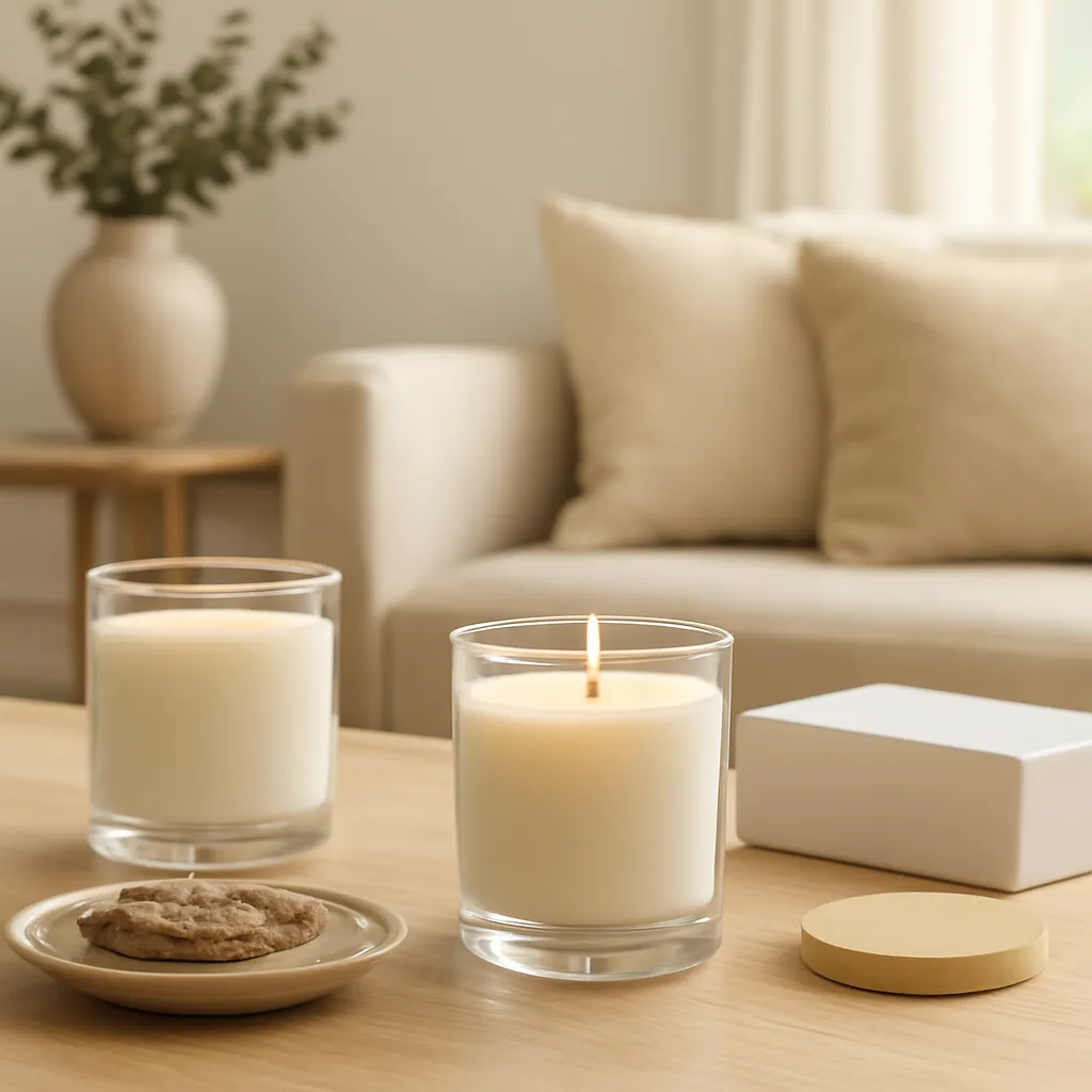 Create a finished lifestyle application scene showing the desirable end result of high-traffic odor sources: a well-performing candle, balanced fragrance, well-chosen wax, inviting home atmosphere or thoughtful gift presentation, depending on the article. Canvas size 2000 × 1500 px, photorealistic premium commercial photography, bright natural daylight with warm neutral furnishings. Keep the composition clean and editorial, with one clear focal point and realistic scale. Candle vessels should be physically correct, with smooth glass and believable wax surfaces; any flame must be small and realistic and should appear only when context requires it. Use restrained props that directly support "How to Make Your Living Room Smell Good Without Overdoing It". Avoid excessive seasonal décor, duplicated ingredient arrangements, surreal fragrance smoke, AI artifacts, noisy textures, distorted hands, unreadable labels, typography, icons, logos and watermarks. Leave a small area of negative space for optional manual annotations. Crisp detail, natural shadows, realistic color balance and subtle depth of field.