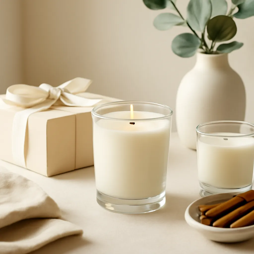 Create a finished lifestyle application scene showing the desirable end result of scent preference risk: a well-performing candle, balanced fragrance, well-chosen wax, inviting home atmosphere or thoughtful gift presentation, depending on the article. Canvas size 2000 × 1500 px, photorealistic premium commercial photography, premium cream and warm beige gift styling. Keep the composition clean and editorial, with one clear focal point and realistic scale. Candle vessels should be physically correct, with smooth glass and believable wax surfaces; any flame must be small and realistic and should appear only when context requires it. Use restrained props that directly support "Housewarming Candle Gift Ideas for a Cozy New Home". Avoid excessive seasonal décor, duplicated ingredient arrangements, surreal fragrance smoke, AI artifacts, noisy textures, distorted hands, unreadable labels, typography, icons, logos and watermarks. Leave a small area of negative space for optional manual annotations. Crisp detail, natural shadows, realistic color balance and subtle depth of field.