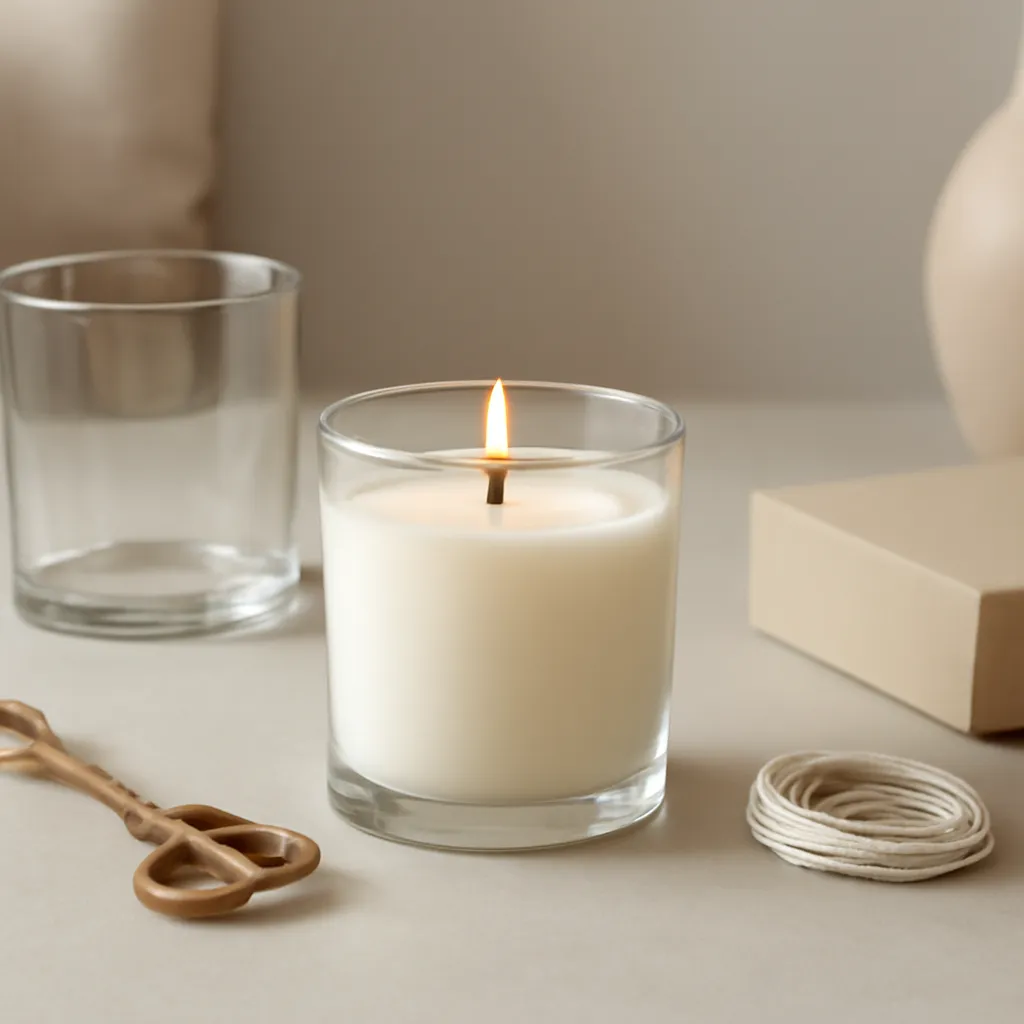 Create a finished lifestyle application scene showing the desirable end result of correct burn habits: a well-performing candle, balanced fragrance, well-chosen wax, inviting home atmosphere or thoughtful gift presentation, depending on the article. Canvas size 2000 × 1500 px, photorealistic premium commercial photography, cool gray-beige tabletop with crisp daylight. Keep the composition clean and editorial, with one clear focal point and realistic scale. Candle vessels should be physically correct, with smooth glass and believable wax surfaces; any flame must be small and realistic and should appear only when context requires it. Use restrained props that directly support "How to Trim a Candle Wick Correctly: 2026 Candle Care Guide". Avoid excessive seasonal décor, duplicated ingredient arrangements, surreal fragrance smoke, AI artifacts, noisy textures, distorted hands, unreadable labels, typography, icons, logos and watermarks. Leave a small area of negative space for optional manual annotations. Crisp detail, natural shadows, realistic color balance and subtle depth of field.