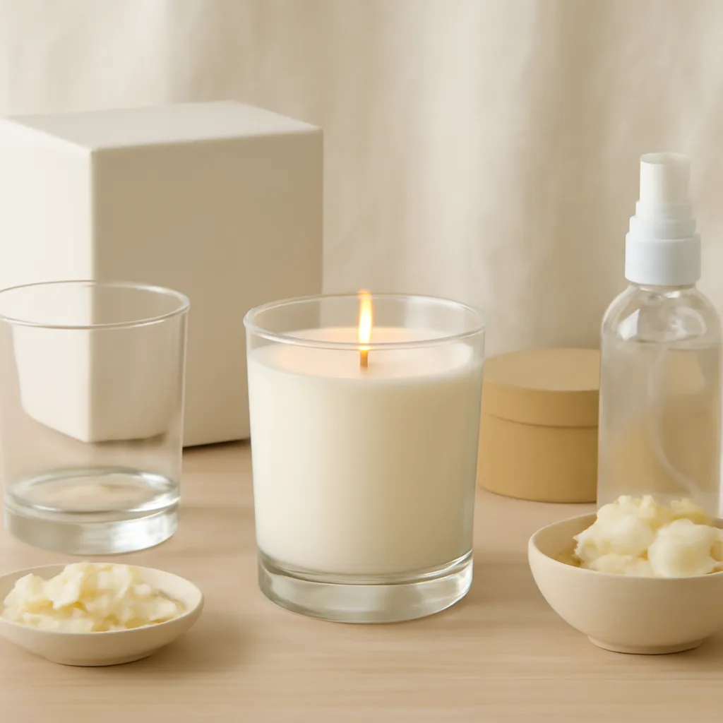 Create a finished lifestyle application scene showing the desirable end result of storage and environmental conditions: a well-performing candle, balanced fragrance, well-chosen wax, inviting home atmosphere or thoughtful gift presentation, depending on the article. Canvas size 2000 × 1500 px, photorealistic premium commercial photography, light wood and cream educational still life. Keep the composition clean and editorial, with one clear focal point and realistic scale. Candle vessels should be physically correct, with smooth glass and believable wax surfaces; any flame must be small and realistic and should appear only when context requires it. Use restrained props that directly support "What Is Soy Wax? 2026 Guide for Scented Candle Buyers". Avoid excessive seasonal décor, duplicated ingredient arrangements, surreal fragrance smoke, AI artifacts, noisy textures, distorted hands, unreadable labels, typography, icons, logos and watermarks. Leave a small area of negative space for optional manual annotations. Crisp detail, natural shadows, realistic color balance and subtle depth of field.