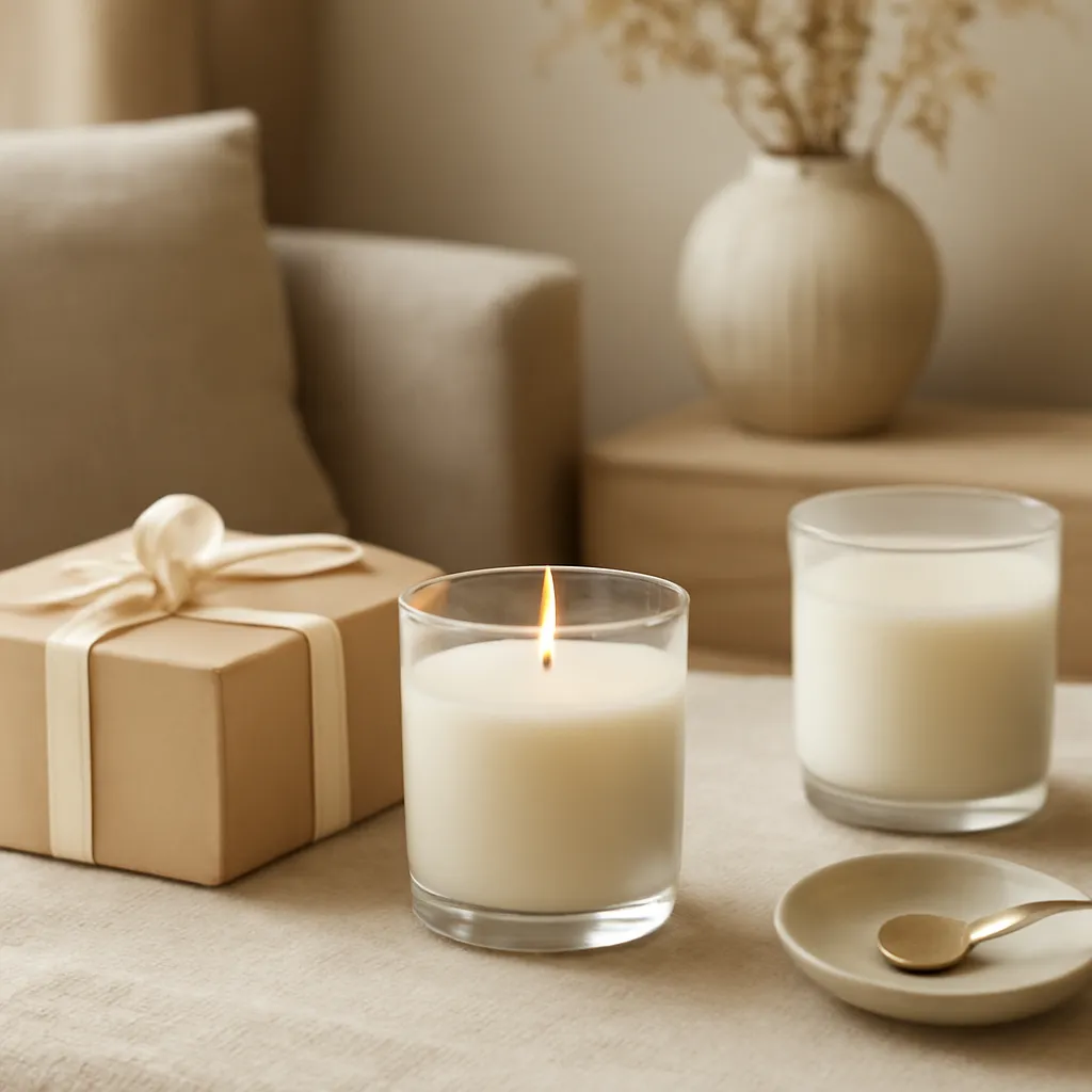 Create a finished lifestyle application scene showing the desirable end result of scent preference risk: a well-performing candle, balanced fragrance, well-chosen wax, inviting home atmosphere or thoughtful gift presentation, depending on the article. Canvas size 2000 × 1500 px, photorealistic premium commercial photography, premium cream and warm beige gift styling. Keep the composition clean and editorial, with one clear focal point and realistic scale. Candle vessels should be physically correct, with smooth glass and believable wax surfaces; any flame must be small and realistic and should appear only when context requires it. Use restrained props that directly support "How to Choose a Candle Gift in 2026 Without Knowing Their Favorite Scent". Avoid excessive seasonal décor, duplicated ingredient arrangements, surreal fragrance smoke, AI artifacts, noisy textures, distorted hands, unreadable labels, typography, icons, logos and watermarks. Leave a small area of negative space for optional manual annotations. Crisp detail, natural shadows, realistic color balance and subtle depth of field.