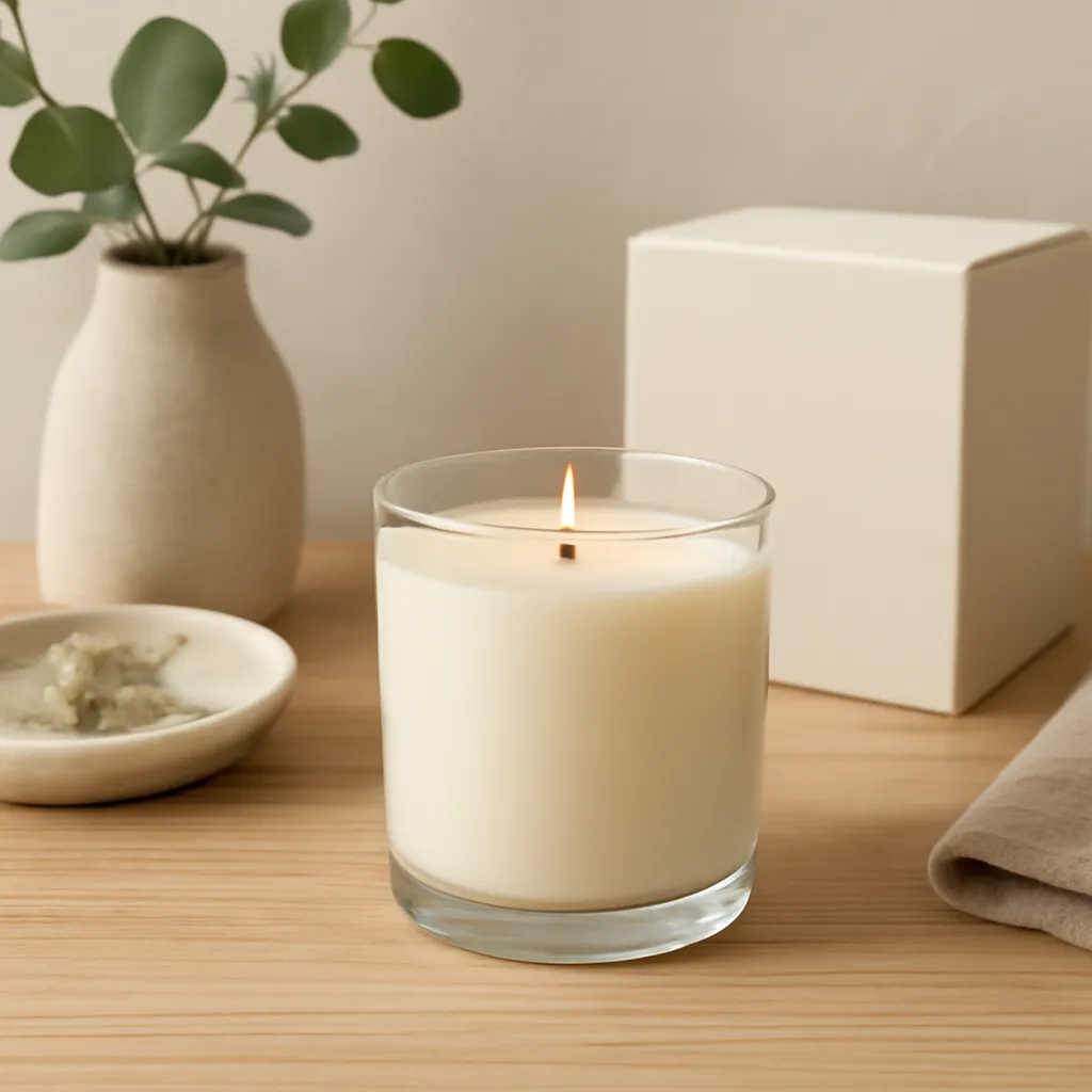 Create a finished lifestyle application scene showing the desirable end result of nose fatigue and scent perception: a well-performing candle, balanced fragrance, well-chosen wax, inviting home atmosphere or thoughtful gift presentation, depending on the article. Canvas size 2000 × 1500 px, photorealistic premium commercial photography, natural wood, ivory and muted botanical tones. Keep the composition clean and editorial, with one clear focal point and realistic scale. Candle vessels should be physically correct, with smooth glass and believable wax surfaces; any flame must be small and realistic and should appear only when context requires it. Use restrained props that directly support "How to Choose a Candle Scent in 2026 for Any Room or Mood". Avoid excessive seasonal décor, duplicated ingredient arrangements, surreal fragrance smoke, AI artifacts, noisy textures, distorted hands, unreadable labels, typography, icons, logos and watermarks. Leave a small area of negative space for optional manual annotations. Crisp detail, natural shadows, realistic color balance and subtle depth of field.