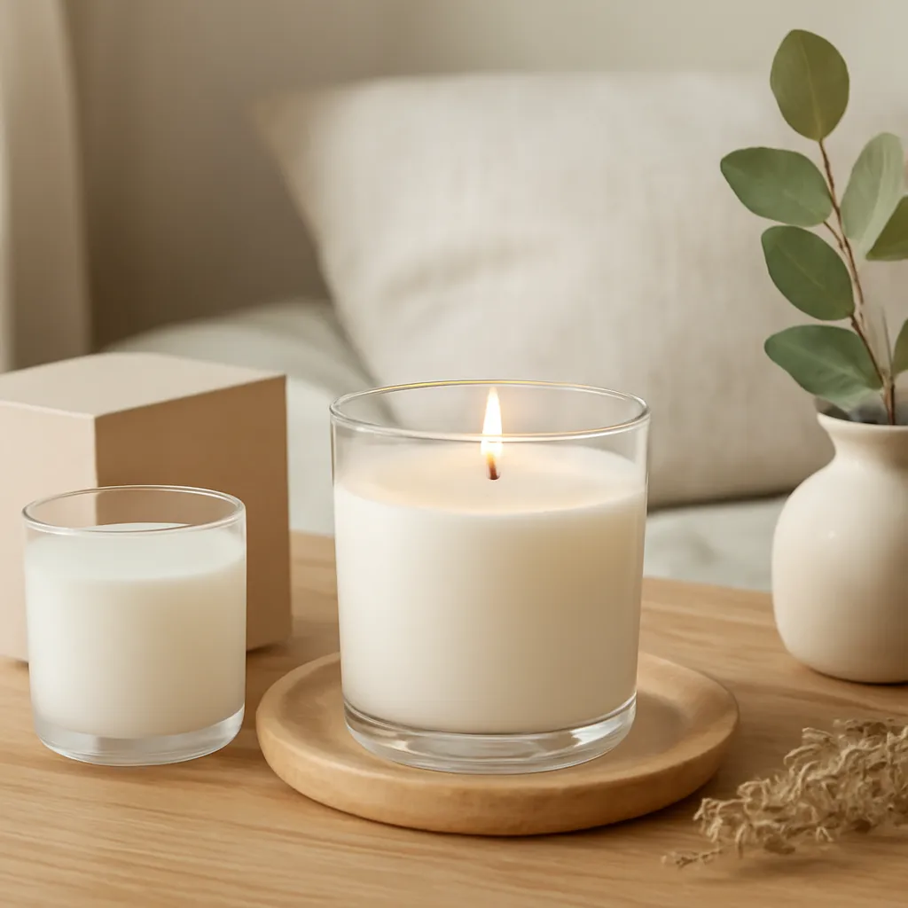 Create a finished lifestyle application scene showing the desirable end result of fragrance families and note structure: a well-performing candle, balanced fragrance, well-chosen wax, inviting home atmosphere or thoughtful gift presentation, depending on the article. Canvas size 2000 × 1500 px, photorealistic premium commercial photography, natural wood, ivory and muted botanical tones. Keep the composition clean and editorial, with one clear focal point and realistic scale. Candle vessels should be physically correct, with smooth glass and believable wax surfaces; any flame must be small and realistic and should appear only when context requires it. Use restrained props that directly support "Best Candle Scents for the Bedroom: How to Choose the Right Mood". Avoid excessive seasonal décor, duplicated ingredient arrangements, surreal fragrance smoke, AI artifacts, noisy textures, distorted hands, unreadable labels, typography, icons, logos and watermarks. Leave a small area of negative space for optional manual annotations. Crisp detail, natural shadows, realistic color balance and subtle depth of field.