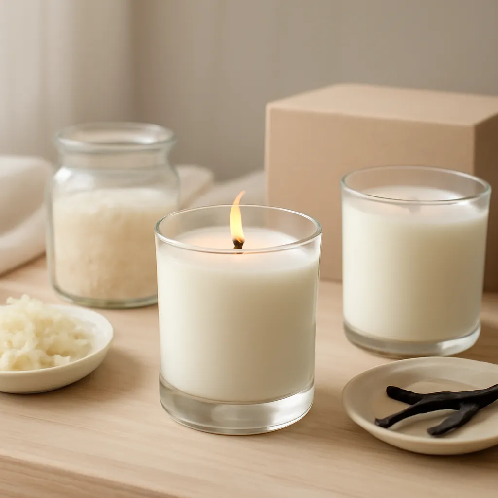 Create a finished lifestyle application scene showing the desirable end result of wax type and physical properties: a well-performing candle, balanced fragrance, well-chosen wax, inviting home atmosphere or thoughtful gift presentation, depending on the article. Canvas size 2000 × 1500 px, photorealistic premium commercial photography, light wood and cream educational still life. Keep the composition clean and editorial, with one clear focal point and realistic scale. Candle vessels should be physically correct, with smooth glass and believable wax surfaces; any flame must be small and realistic and should appear only when context requires it. Use restrained props that directly support "What Are Scented Candles Made Of? Wax, Fragrance and Wick Explained". Avoid excessive seasonal décor, duplicated ingredient arrangements, surreal fragrance smoke, AI artifacts, noisy textures, distorted hands, unreadable labels, typography, icons, logos and watermarks. Leave a small area of negative space for optional manual annotations. Crisp detail, natural shadows, realistic color balance and subtle depth of field.