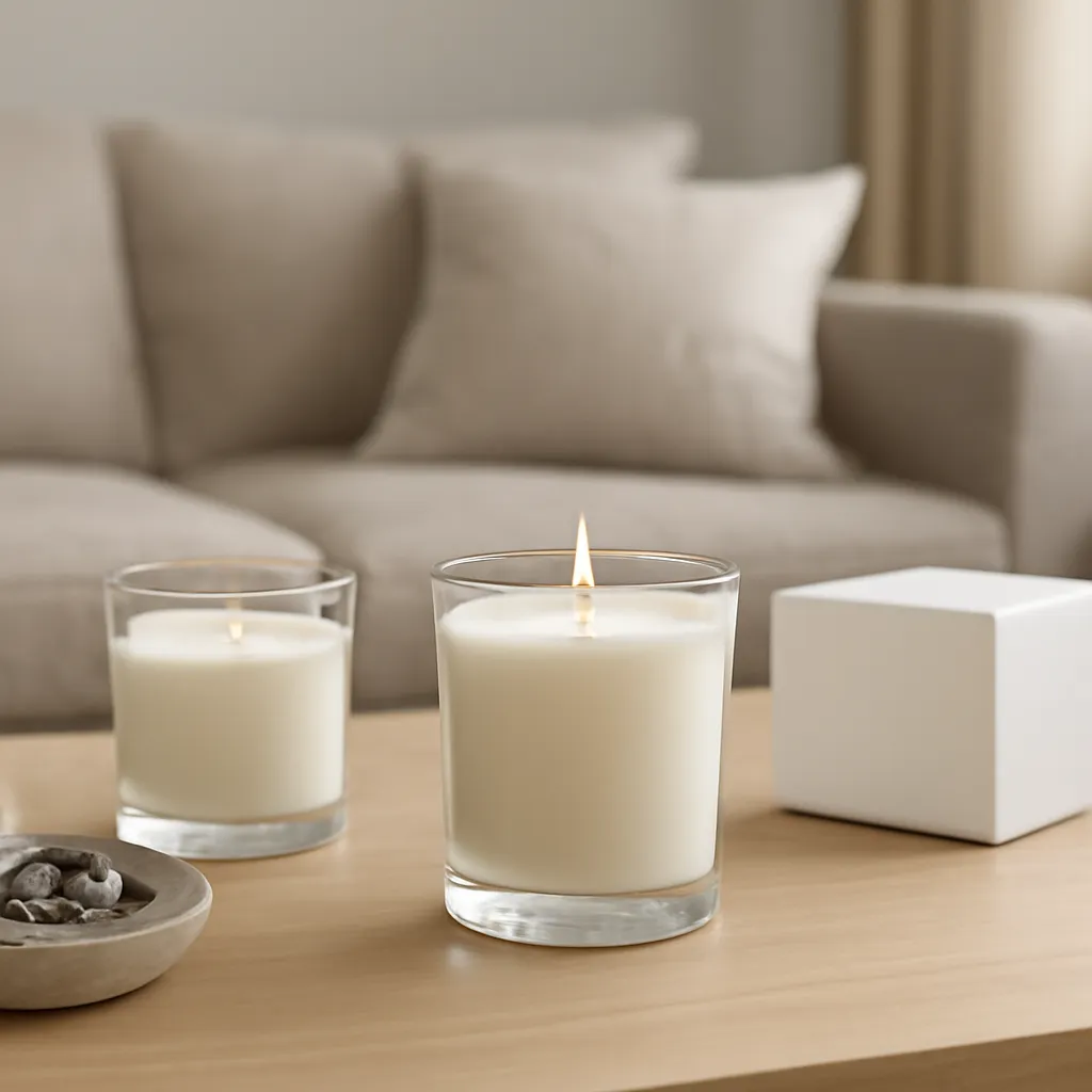 Create a finished lifestyle application scene showing the desirable end result of seasonal and room-specific scent choices: a well-performing candle, balanced fragrance, well-chosen wax, inviting home atmosphere or thoughtful gift presentation, depending on the article. Canvas size 2000 × 1500 px, photorealistic premium commercial photography, bright natural daylight with warm neutral furnishings. Keep the composition clean and editorial, with one clear focal point and realistic scale. Candle vessels should be physically correct, with smooth glass and believable wax surfaces; any flame must be small and realistic and should appear only when context requires it. Use restrained props that directly support "How to Choose a Home Fragrance for Each Room". Avoid excessive seasonal décor, duplicated ingredient arrangements, surreal fragrance smoke, AI artifacts, noisy textures, distorted hands, unreadable labels, typography, icons, logos and watermarks. Leave a small area of negative space for optional manual annotations. Crisp detail, natural shadows, realistic color balance and subtle depth of field.