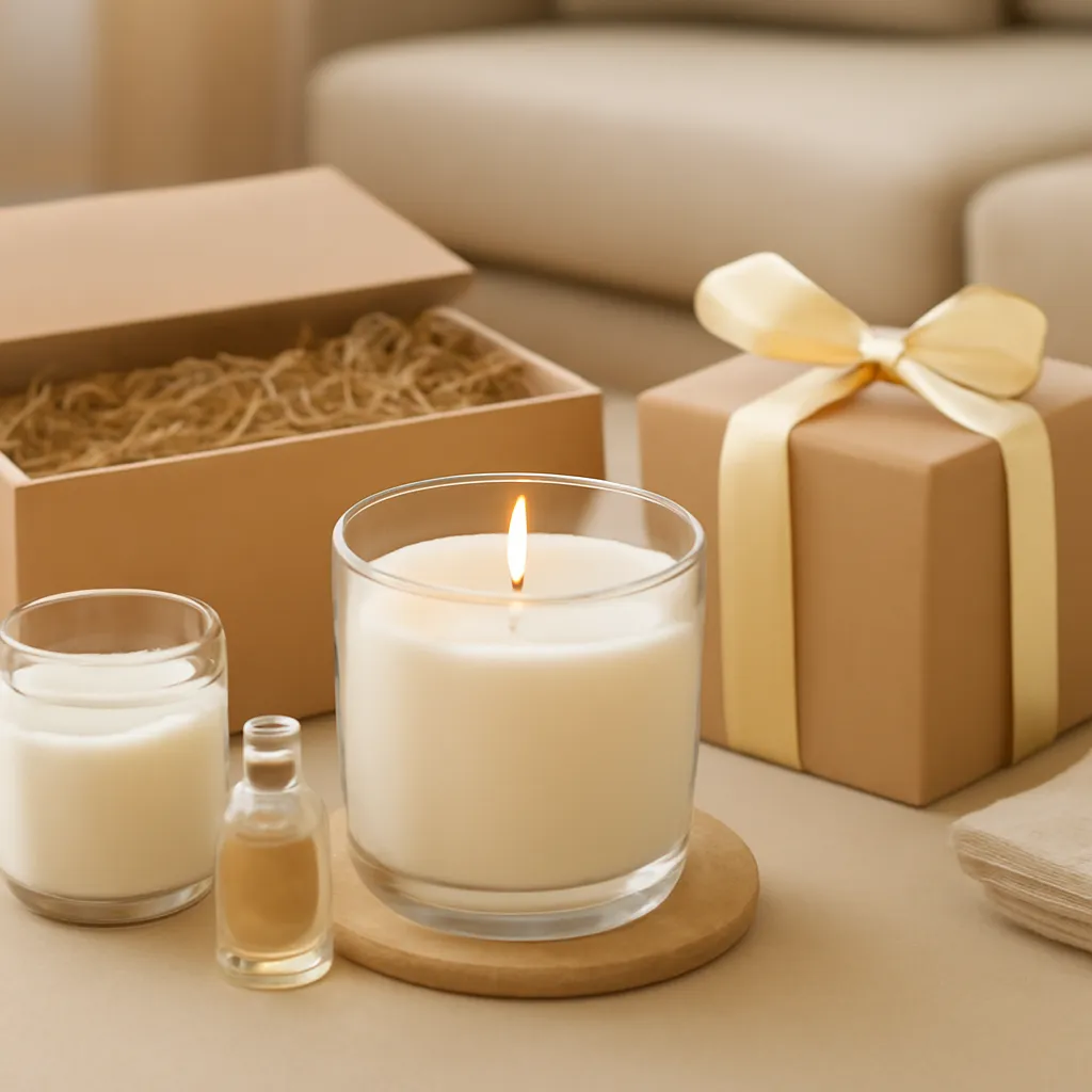 Create a finished lifestyle application scene showing the desirable end result of cohesive theme: a well-performing candle, balanced fragrance, well-chosen wax, inviting home atmosphere or thoughtful gift presentation, depending on the article. Canvas size 2000 × 1500 px, photorealistic premium commercial photography, premium cream and warm beige gift styling. Keep the composition clean and editorial, with one clear focal point and realistic scale. Candle vessels should be physically correct, with smooth glass and believable wax surfaces; any flame must be small and realistic and should appear only when context requires it. Use restrained props that directly support "Candle Gift Basket Ideas: What to Add for a Thoughtful Gift". Avoid excessive seasonal décor, duplicated ingredient arrangements, surreal fragrance smoke, AI artifacts, noisy textures, distorted hands, unreadable labels, typography, icons, logos and watermarks. Leave a small area of negative space for optional manual annotations. Crisp detail, natural shadows, realistic color balance and subtle depth of field.