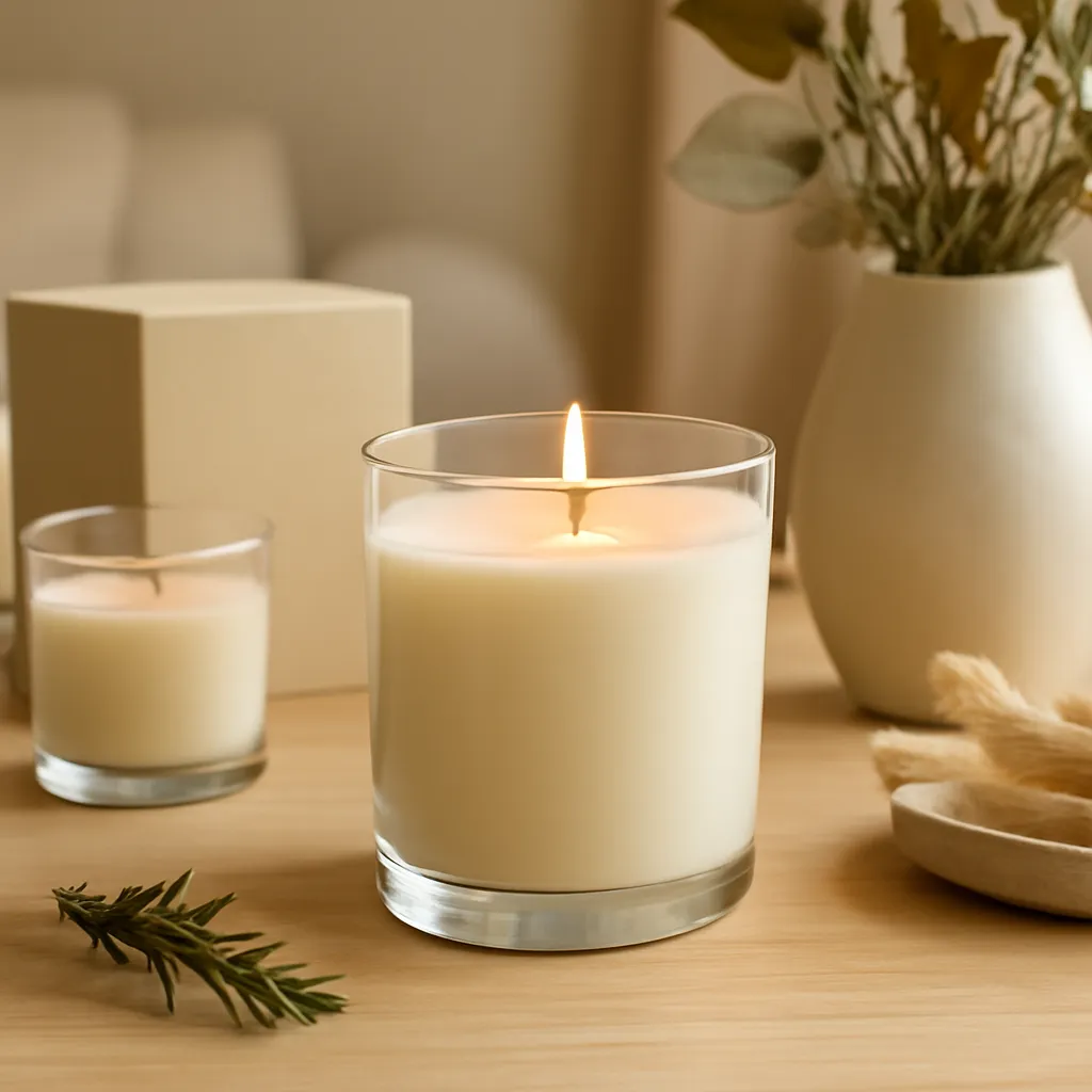 Create a finished lifestyle application scene showing the desirable end result of fragrance families and note structure: a well-performing candle, balanced fragrance, well-chosen wax, inviting home atmosphere or thoughtful gift presentation, depending on the article. Canvas size 2000 × 1500 px, photorealistic premium commercial photography, natural wood, ivory and muted botanical tones. Keep the composition clean and editorial, with one clear focal point and realistic scale. Candle vessels should be physically correct, with smooth glass and believable wax surfaces; any flame must be small and realistic and should appear only when context requires it. Use restrained props that directly support "Best Candle Scents for the Living Room in 2026". Avoid excessive seasonal décor, duplicated ingredient arrangements, surreal fragrance smoke, AI artifacts, noisy textures, distorted hands, unreadable labels, typography, icons, logos and watermarks. Leave a small area of negative space for optional manual annotations. Crisp detail, natural shadows, realistic color balance and subtle depth of field.