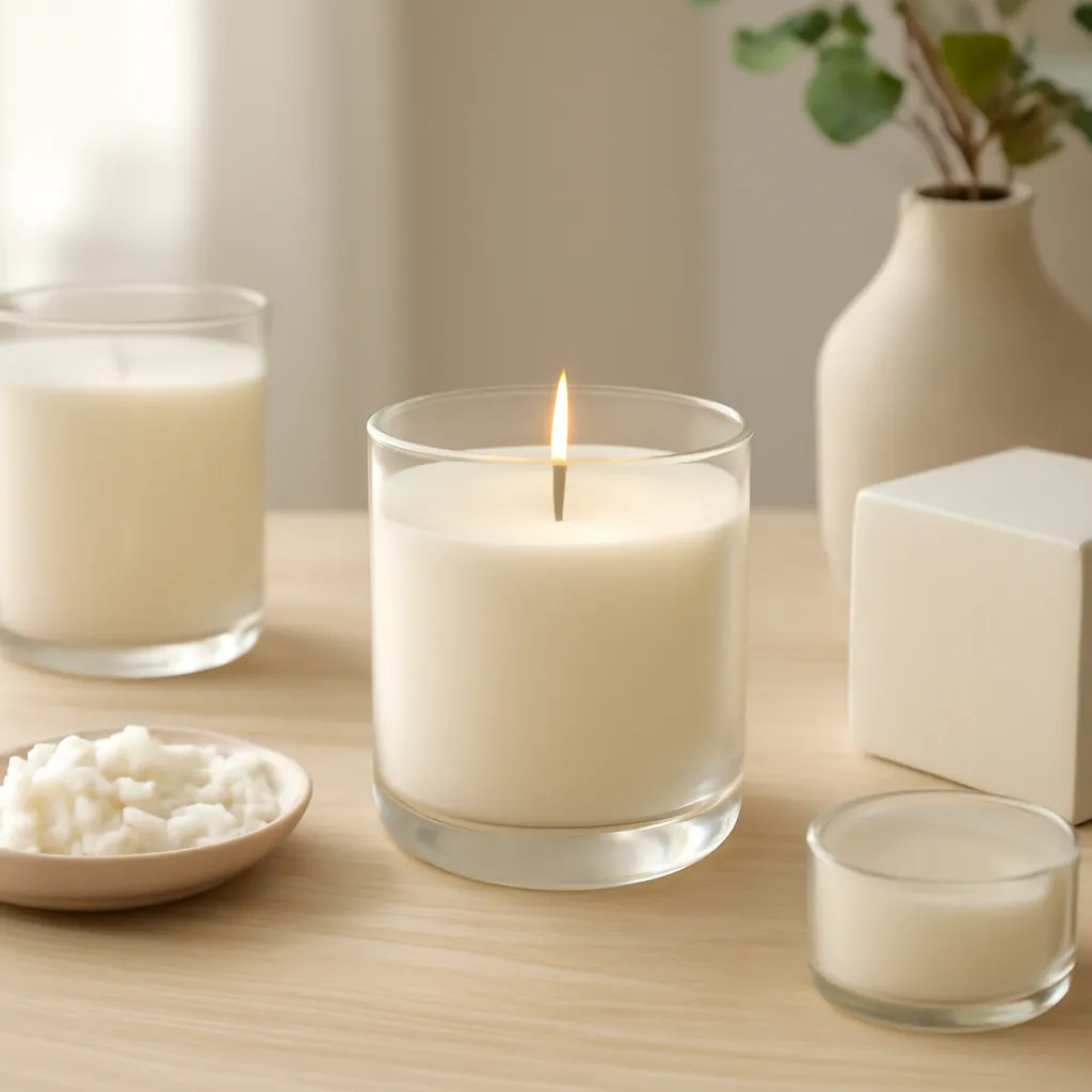 Create a finished lifestyle application scene showing the desirable end result of wax type and physical properties: a well-performing candle, balanced fragrance, well-chosen wax, inviting home atmosphere or thoughtful gift presentation, depending on the article. Canvas size 2000 × 1500 px, photorealistic premium commercial photography, light wood and cream educational still life. Keep the composition clean and editorial, with one clear focal point and realistic scale. Candle vessels should be physically correct, with smooth glass and believable wax surfaces; any flame must be small and realistic and should appear only when context requires it. Use restrained props that directly support "Which Candle Wax Burns the Longest? 2026 Comparison". Avoid excessive seasonal décor, duplicated ingredient arrangements, surreal fragrance smoke, AI artifacts, noisy textures, distorted hands, unreadable labels, typography, icons, logos and watermarks. Leave a small area of negative space for optional manual annotations. Crisp detail, natural shadows, realistic color balance and subtle depth of field.