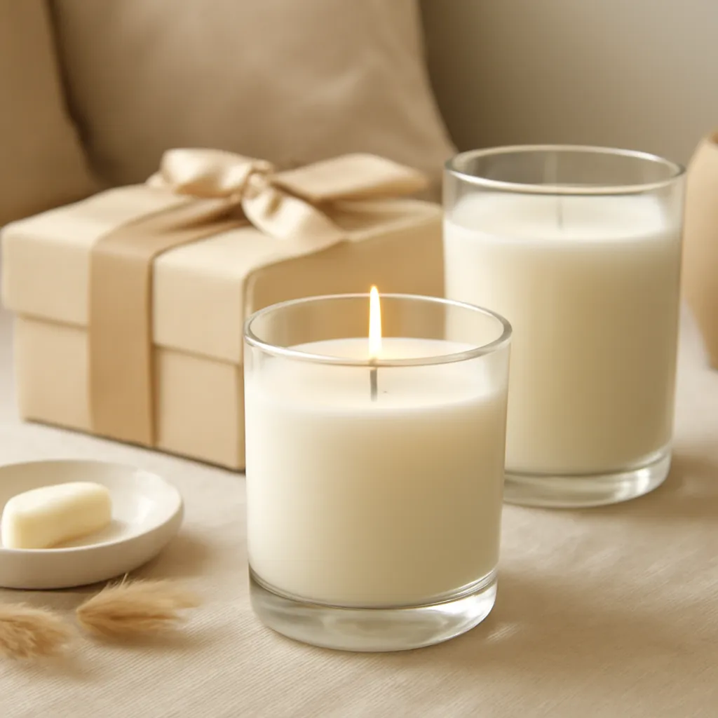 Create a finished lifestyle application scene showing the desirable end result of age-neutral scent selection: a well-performing candle, balanced fragrance, well-chosen wax, inviting home atmosphere or thoughtful gift presentation, depending on the article. Canvas size 2000 × 1500 px, photorealistic premium commercial photography, premium cream and warm beige gift styling. Keep the composition clean and editorial, with one clear focal point and realistic scale. Candle vessels should be physically correct, with smooth glass and believable wax surfaces; any flame must be small and realistic and should appear only when context requires it. Use restrained props that directly support "Best Scented Candle Gifts for Birthdays in 2026". Avoid excessive seasonal décor, duplicated ingredient arrangements, surreal fragrance smoke, AI artifacts, noisy textures, distorted hands, unreadable labels, typography, icons, logos and watermarks. Leave a small area of negative space for optional manual annotations. Crisp detail, natural shadows, realistic color balance and subtle depth of field.