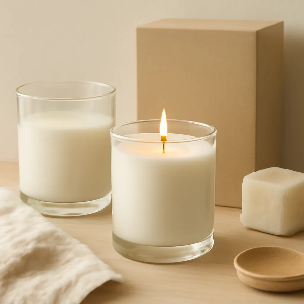 Create a finished lifestyle application scene showing the desirable end result of storage and environmental conditions: a well-performing candle, balanced fragrance, well-chosen wax, inviting home atmosphere or thoughtful gift presentation, depending on the article. Canvas size 2000 × 1500 px, photorealistic premium commercial photography, light wood and cream educational still life. Keep the composition clean and editorial, with one clear focal point and realistic scale. Candle vessels should be physically correct, with smooth glass and believable wax surfaces; any flame must be small and realistic and should appear only when context requires it. Use restrained props that directly support "Why Does Candle Wax Melt Unevenly? Common Causes and Fixes". Avoid excessive seasonal décor, duplicated ingredient arrangements, surreal fragrance smoke, AI artifacts, noisy textures, distorted hands, unreadable labels, typography, icons, logos and watermarks. Leave a small area of negative space for optional manual annotations. Crisp detail, natural shadows, realistic color balance and subtle depth of field.
