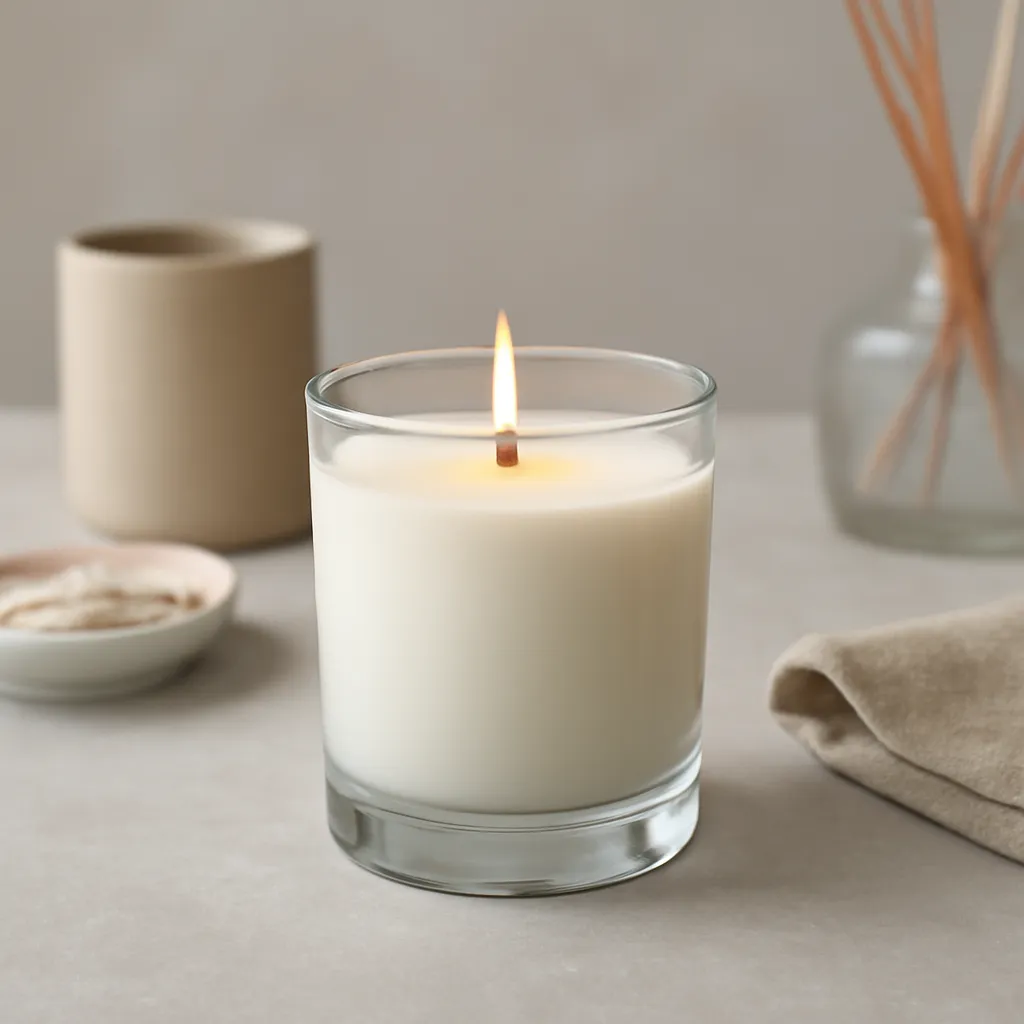 Create a finished lifestyle application scene showing the desirable end result of correct burn habits: a well-performing candle, balanced fragrance, well-chosen wax, inviting home atmosphere or thoughtful gift presentation, depending on the article. Canvas size 2000 × 1500 px, photorealistic premium commercial photography, cool gray-beige tabletop with crisp daylight. Keep the composition clean and editorial, with one clear focal point and realistic scale. Candle vessels should be physically correct, with smooth glass and believable wax surfaces; any flame must be small and realistic and should appear only when context requires it. Use restrained props that directly support "Why Does My Candle Wick Mushroom? How to Fix It Safely". Avoid excessive seasonal décor, duplicated ingredient arrangements, surreal fragrance smoke, AI artifacts, noisy textures, distorted hands, unreadable labels, typography, icons, logos and watermarks. Leave a small area of negative space for optional manual annotations. Crisp detail, natural shadows, realistic color balance and subtle depth of field.