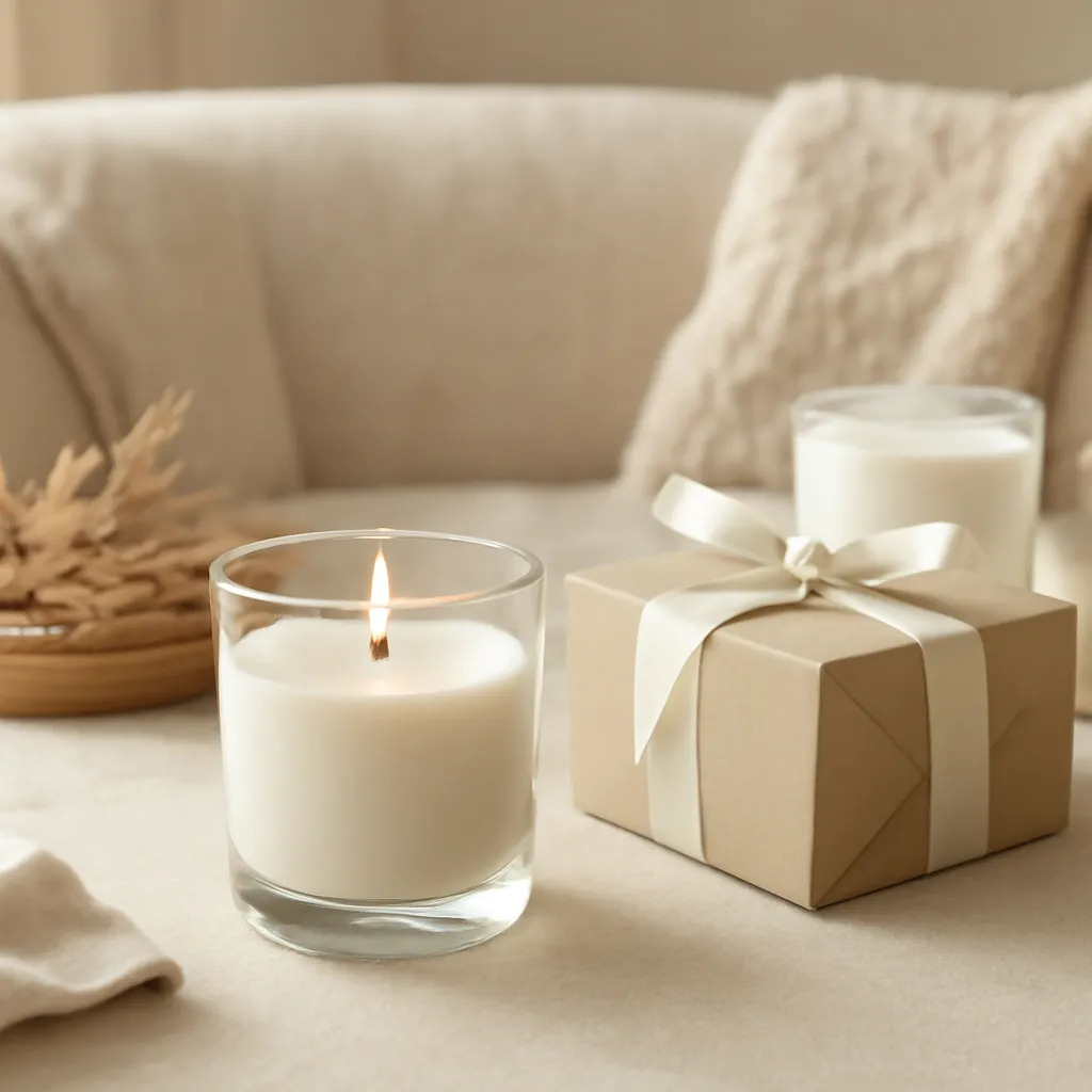Create a finished lifestyle application scene showing the desirable end result of easy-to-like scents: a well-performing candle, balanced fragrance, well-chosen wax, inviting home atmosphere or thoughtful gift presentation, depending on the article. Canvas size 2000 × 1500 px, photorealistic premium commercial photography, premium cream and warm beige gift styling. Keep the composition clean and editorial, with one clear focal point and realistic scale. Candle vessels should be physically correct, with smooth glass and believable wax surfaces; any flame must be small and realistic and should appear only when context requires it. Use restrained props that directly support "Hostess Candle Gift Ideas for Dinner Parties and Gatherings". Avoid excessive seasonal décor, duplicated ingredient arrangements, surreal fragrance smoke, AI artifacts, noisy textures, distorted hands, unreadable labels, typography, icons, logos and watermarks. Leave a small area of negative space for optional manual annotations. Crisp detail, natural shadows, realistic color balance and subtle depth of field.