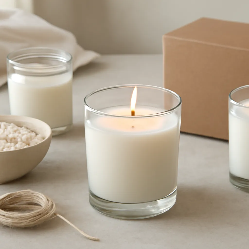 Create a finished lifestyle application scene showing the desirable end result of correct burn habits: a well-performing candle, balanced fragrance, well-chosen wax, inviting home atmosphere or thoughtful gift presentation, depending on the article. Canvas size 2000 × 1500 px, photorealistic premium commercial photography, cool gray-beige tabletop with crisp daylight. Keep the composition clean and editorial, with one clear focal point and realistic scale. Candle vessels should be physically correct, with smooth glass and believable wax surfaces; any flame must be small and realistic and should appear only when context requires it. Use restrained props that directly support "How to Make a Candle Burn Evenly: 2026 Step-by-Step Guide". Avoid excessive seasonal décor, duplicated ingredient arrangements, surreal fragrance smoke, AI artifacts, noisy textures, distorted hands, unreadable labels, typography, icons, logos and watermarks. Leave a small area of negative space for optional manual annotations. Crisp detail, natural shadows, realistic color balance and subtle depth of field.