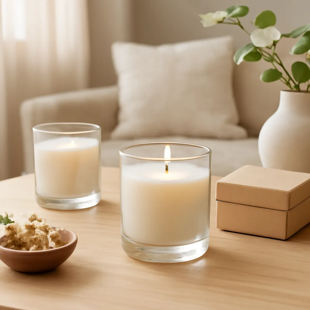 Create a finished lifestyle application scene showing the desirable end result of nose fatigue and scent perception: a well-performing candle, balanced fragrance, well-chosen wax, inviting home atmosphere or thoughtful gift presentation, depending on the article. Canvas size 2000 × 1500 px, photorealistic premium commercial photography, natural wood, ivory and muted botanical tones. Keep the composition clean and editorial, with one clear focal point and realistic scale. Candle vessels should be physically correct, with smooth glass and believable wax surfaces; any flame must be small and realistic and should appear only when context requires it. Use restrained props that directly support "How Many Scented Candles Do You Need for a Room in 2026?". Avoid excessive seasonal décor, duplicated ingredient arrangements, surreal fragrance smoke, AI artifacts, noisy textures, distorted hands, unreadable labels, typography, icons, logos and watermarks. Leave a small area of negative space for optional manual annotations. Crisp detail, natural shadows, realistic color balance and subtle depth of field.