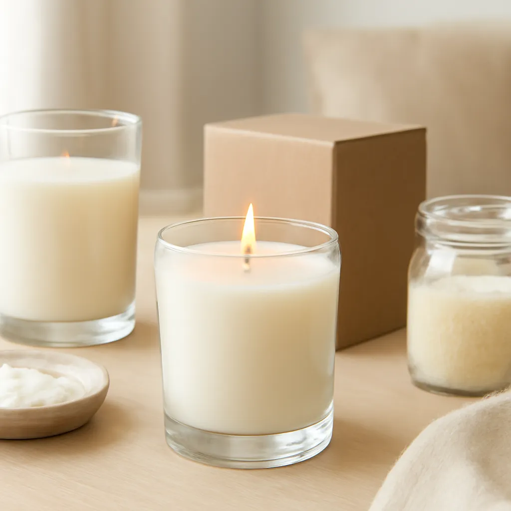 Create a finished lifestyle application scene showing the desirable end result of storage and environmental conditions: a well-performing candle, balanced fragrance, well-chosen wax, inviting home atmosphere or thoughtful gift presentation, depending on the article. Canvas size 2000 × 1500 px, photorealistic premium commercial photography, light wood and cream educational still life. Keep the composition clean and editorial, with one clear focal point and realistic scale. Candle vessels should be physically correct, with smooth glass and believable wax surfaces; any flame must be small and realistic and should appear only when context requires it. Use restrained props that directly support "Natural Candle Wax in 2026: What the Label Really Means". Avoid excessive seasonal décor, duplicated ingredient arrangements, surreal fragrance smoke, AI artifacts, noisy textures, distorted hands, unreadable labels, typography, icons, logos and watermarks. Leave a small area of negative space for optional manual annotations. Crisp detail, natural shadows, realistic color balance and subtle depth of field.
