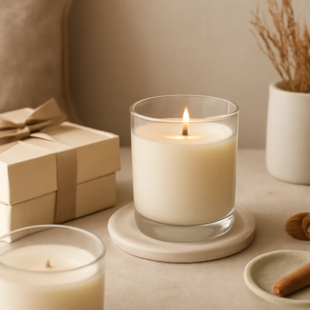 Create a finished lifestyle application scene showing the desirable end result of scent preference risk: a well-performing candle, balanced fragrance, well-chosen wax, inviting home atmosphere or thoughtful gift presentation, depending on the article. Canvas size 2000 × 1500 px, photorealistic premium commercial photography, premium cream and warm beige gift styling. Keep the composition clean and editorial, with one clear focal point and realistic scale. Candle vessels should be physically correct, with smooth glass and believable wax surfaces; any flame must be small and realistic and should appear only when context requires it. Use restrained props that directly support "Fall Candle Gift Ideas 2026 for a Cozy Season". Avoid excessive seasonal décor, duplicated ingredient arrangements, surreal fragrance smoke, AI artifacts, noisy textures, distorted hands, unreadable labels, typography, icons, logos and watermarks. Leave a small area of negative space for optional manual annotations. Crisp detail, natural shadows, realistic color balance and subtle depth of field.