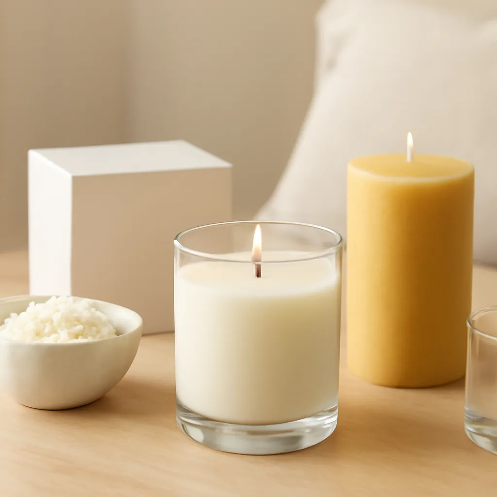 Create a finished lifestyle application scene showing the desirable end result of wax type and physical properties: a well-performing candle, balanced fragrance, well-chosen wax, inviting home atmosphere or thoughtful gift presentation, depending on the article. Canvas size 2000 × 1500 px, photorealistic premium commercial photography, light wood and cream educational still life. Keep the composition clean and editorial, with one clear focal point and realistic scale. Candle vessels should be physically correct, with smooth glass and believable wax surfaces; any flame must be small and realistic and should appear only when context requires it. Use restrained props that directly support "Candle Wax Types 2026: Soy, Paraffin, Beeswax and More". Avoid excessive seasonal décor, duplicated ingredient arrangements, surreal fragrance smoke, AI artifacts, noisy textures, distorted hands, unreadable labels, typography, icons, logos and watermarks. Leave a small area of negative space for optional manual annotations. Crisp detail, natural shadows, realistic color balance and subtle depth of field.
