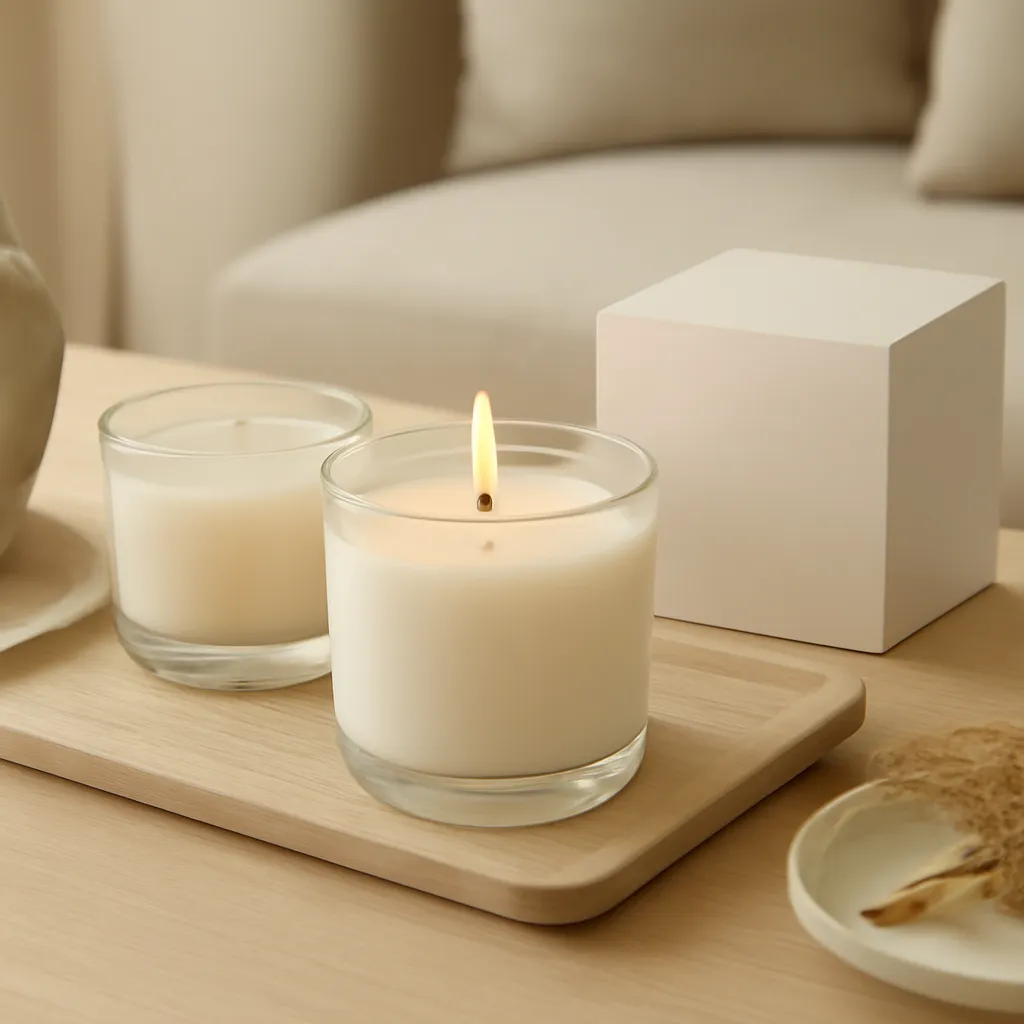 Create a finished lifestyle application scene showing the desirable end result of how to keep fragrance subtle and consistent: a well-performing candle, balanced fragrance, well-chosen wax, inviting home atmosphere or thoughtful gift presentation, depending on the article. Canvas size 2000 × 1500 px, photorealistic premium commercial photography, bright natural daylight with warm neutral furnishings. Keep the composition clean and editorial, with one clear focal point and realistic scale. Candle vessels should be physically correct, with smooth glass and believable wax surfaces; any flame must be small and realistic and should appear only when context requires it. Use restrained props that directly support "Home Fragrance Trends 2026: What Makes a Home Smell Cozy?". Avoid excessive seasonal décor, duplicated ingredient arrangements, surreal fragrance smoke, AI artifacts, noisy textures, distorted hands, unreadable labels, typography, icons, logos and watermarks. Leave a small area of negative space for optional manual annotations. Crisp detail, natural shadows, realistic color balance and subtle depth of field.