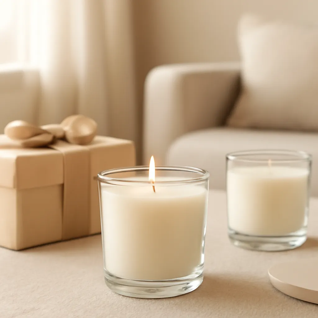 Create a finished lifestyle application scene showing the desirable end result of scent preference risk: a well-performing candle, balanced fragrance, well-chosen wax, inviting home atmosphere or thoughtful gift presentation, depending on the article. Canvas size 2000 × 1500 px, photorealistic premium commercial photography, premium cream and warm beige gift styling. Keep the composition clean and editorial, with one clear focal point and realistic scale. Candle vessels should be physically correct, with smooth glass and believable wax surfaces; any flame must be small and realistic and should appear only when context requires it. Use restrained props that directly support "Scented Candle Gift Guide: 7 Things to Check Before Buying". Avoid excessive seasonal décor, duplicated ingredient arrangements, surreal fragrance smoke, AI artifacts, noisy textures, distorted hands, unreadable labels, typography, icons, logos and watermarks. Leave a small area of negative space for optional manual annotations. Crisp detail, natural shadows, realistic color balance and subtle depth of field.