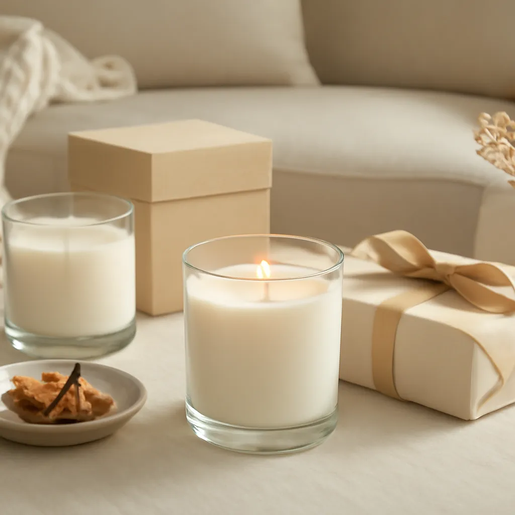 Create a finished lifestyle application scene showing the desirable end result of scent preference risk: a well-performing candle, balanced fragrance, well-chosen wax, inviting home atmosphere or thoughtful gift presentation, depending on the article. Canvas size 2000 × 1500 px, photorealistic premium commercial photography, premium cream and warm beige gift styling. Keep the composition clean and editorial, with one clear focal point and realistic scale. Candle vessels should be physically correct, with smooth glass and believable wax surfaces; any flame must be small and realistic and should appear only when context requires it. Use restrained props that directly support "Candle Gift Ideas 2026: How to Choose a Scent They'll Love". Avoid excessive seasonal décor, duplicated ingredient arrangements, surreal fragrance smoke, AI artifacts, noisy textures, distorted hands, unreadable labels, typography, icons, logos and watermarks. Leave a small area of negative space for optional manual annotations. Crisp detail, natural shadows, realistic color balance and subtle depth of field.